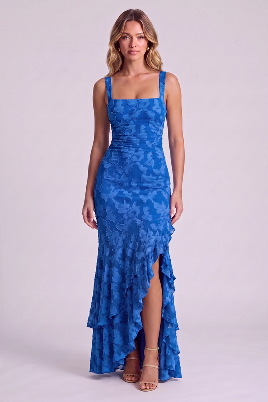 Elowen Floral Ruffle Mermaid Dress in Blue - front view