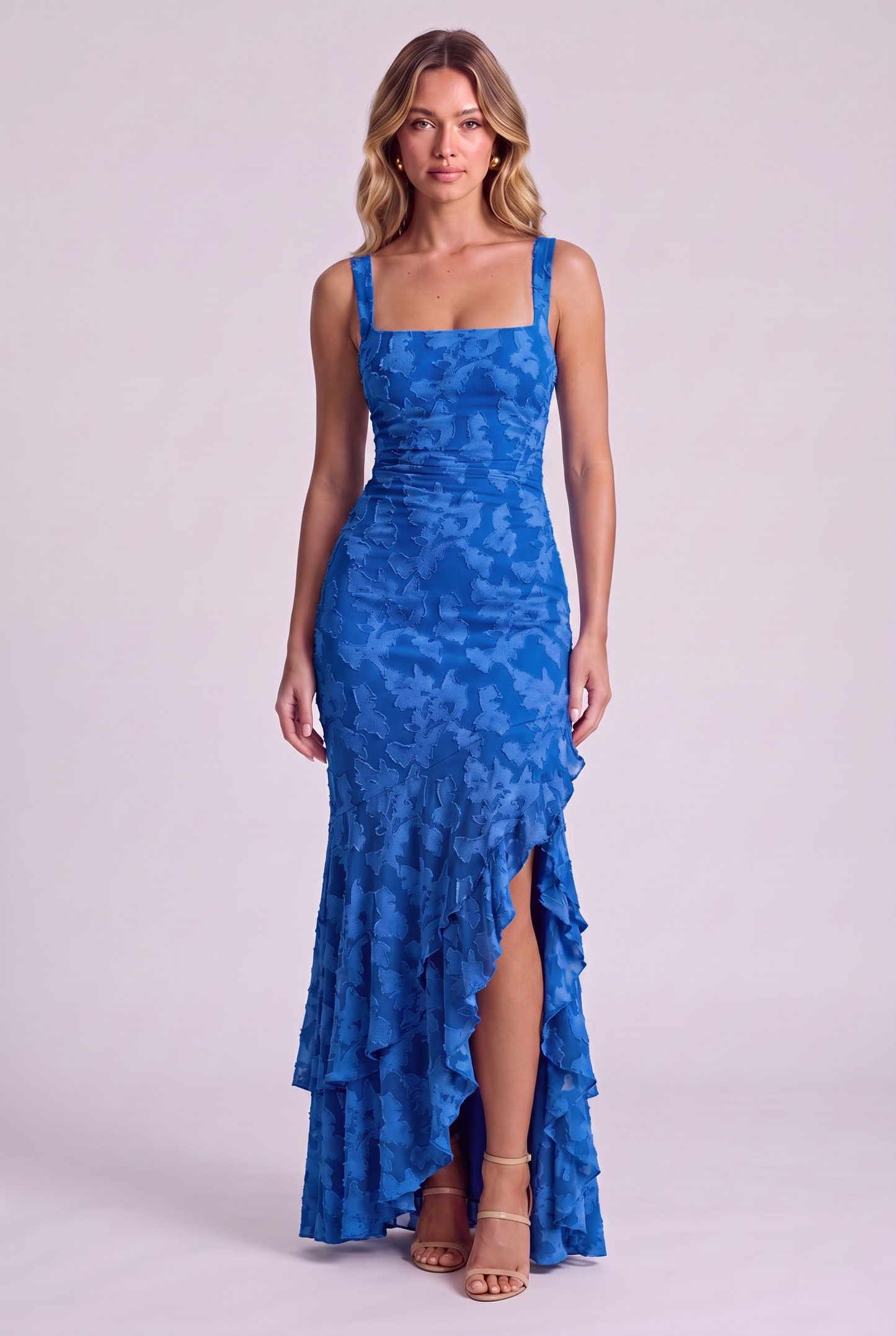 Elowen Floral Ruffle Mermaid Dress - Blue - Front
