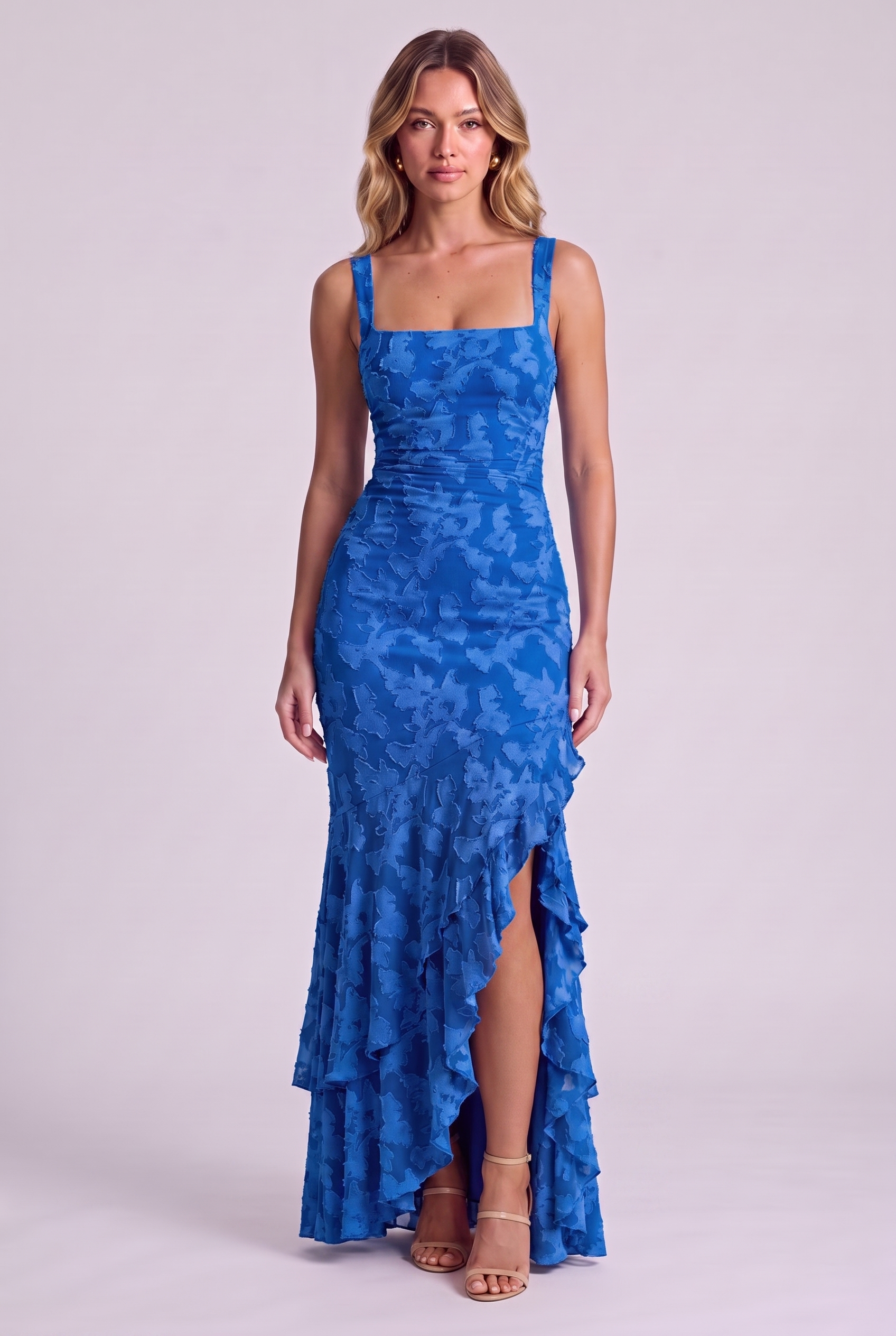 Elowen Floral Ruffle Mermaid Dress - Blue - Front