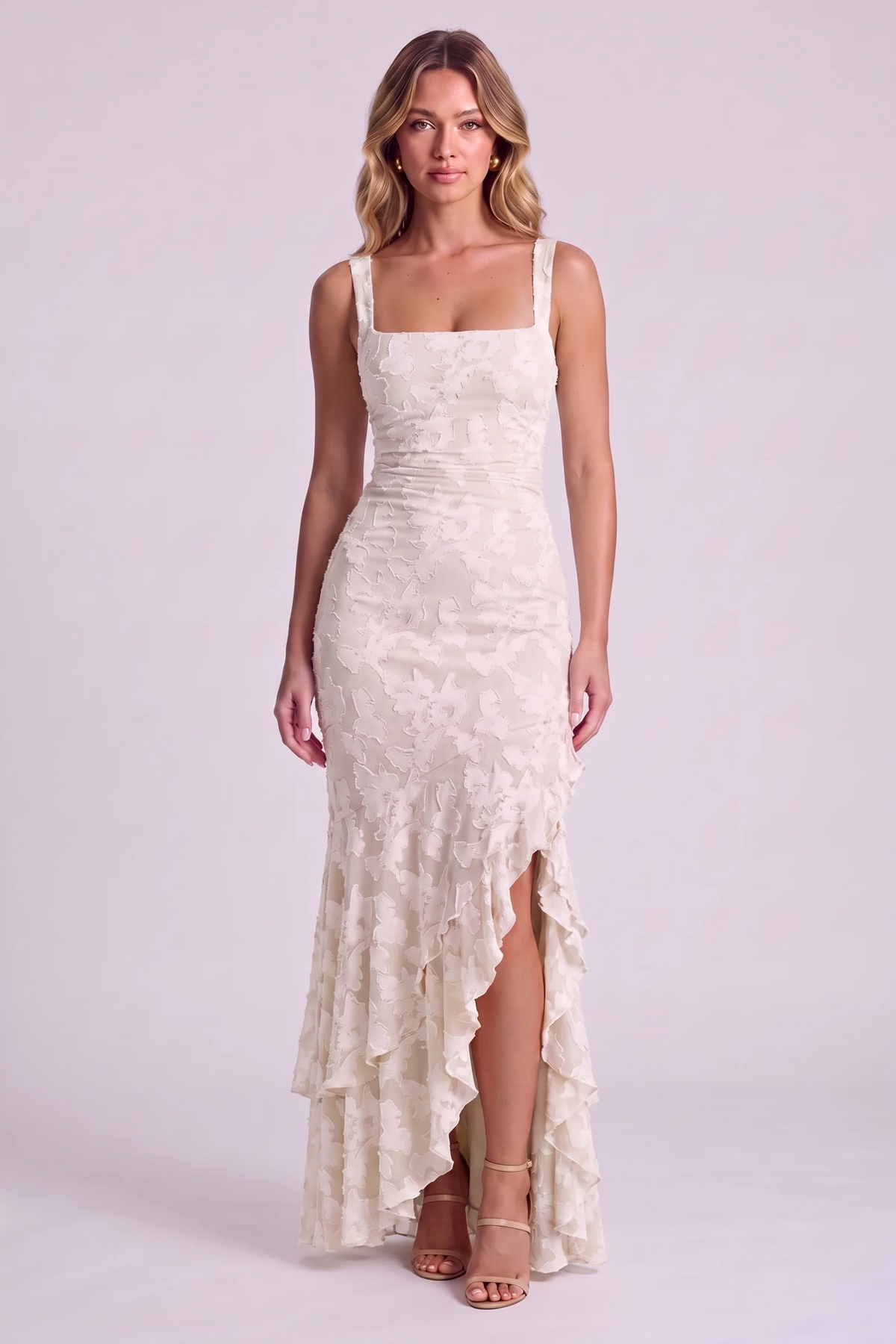 Elowen Floral Ruffle Mermaid Dress in White - front view
