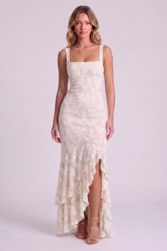 Elowen Floral Ruffle Mermaid Dress in White - front view