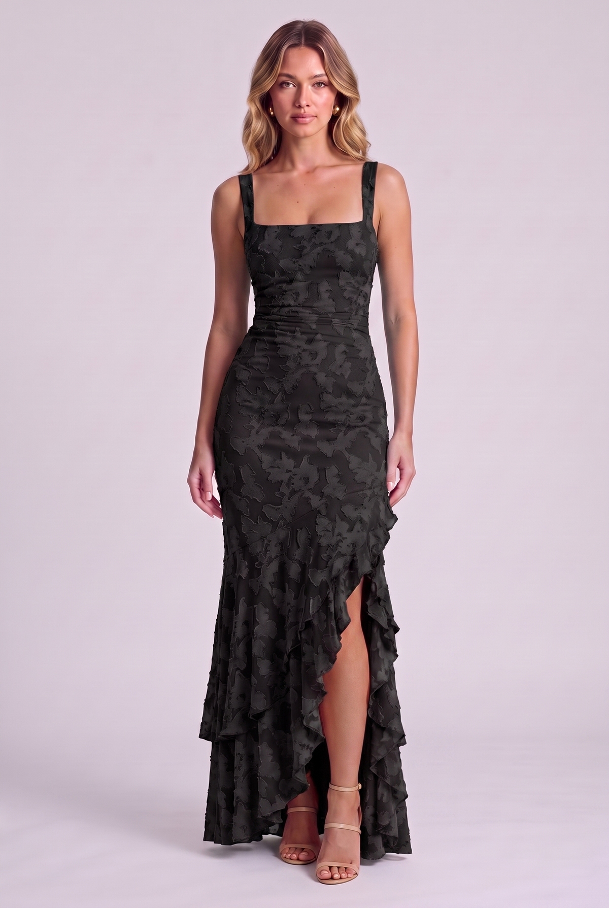 Elowen Floral Ruffle Mermaid Dress - Black - Front