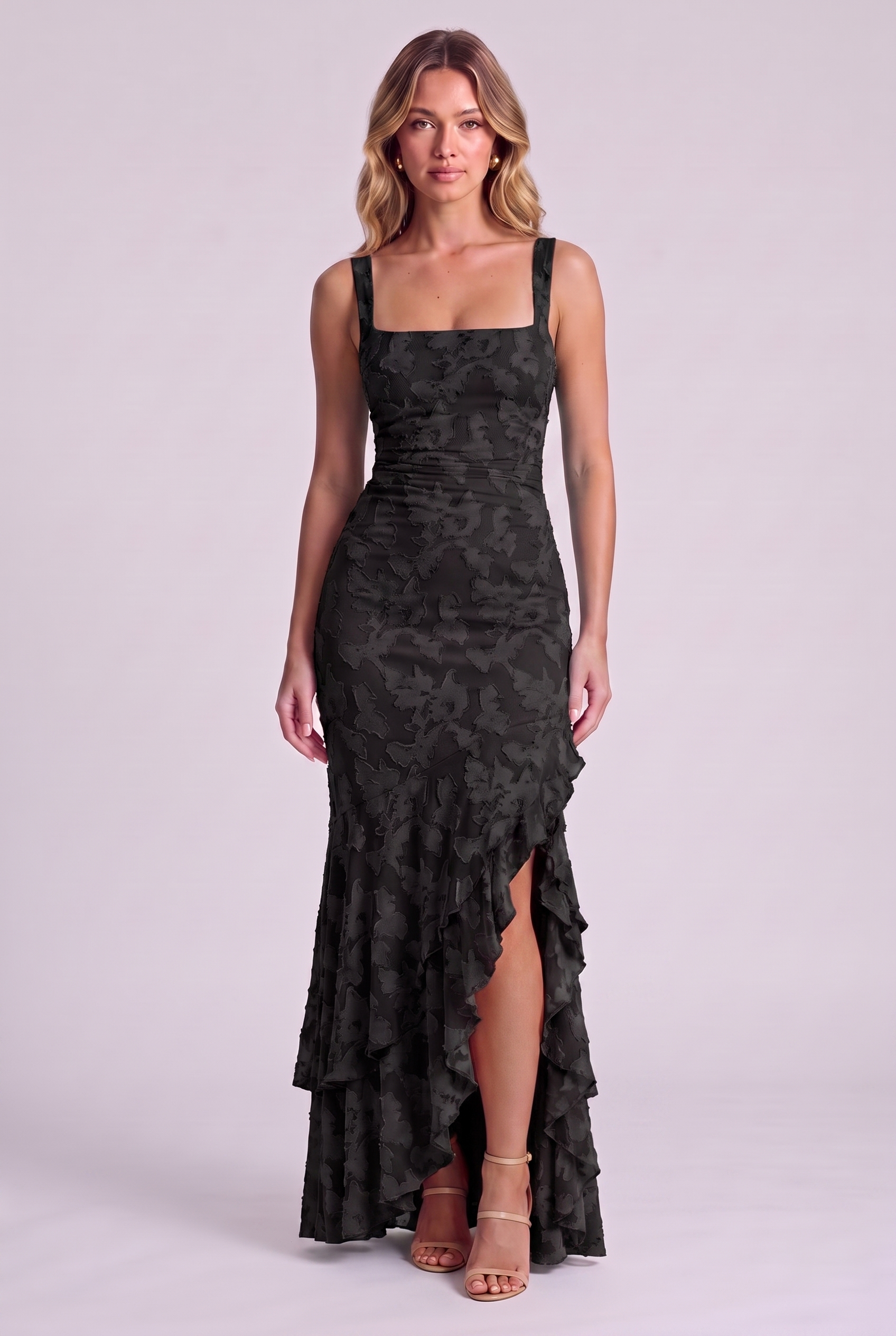 Elowen Floral Ruffle Mermaid Dress - Black - Front