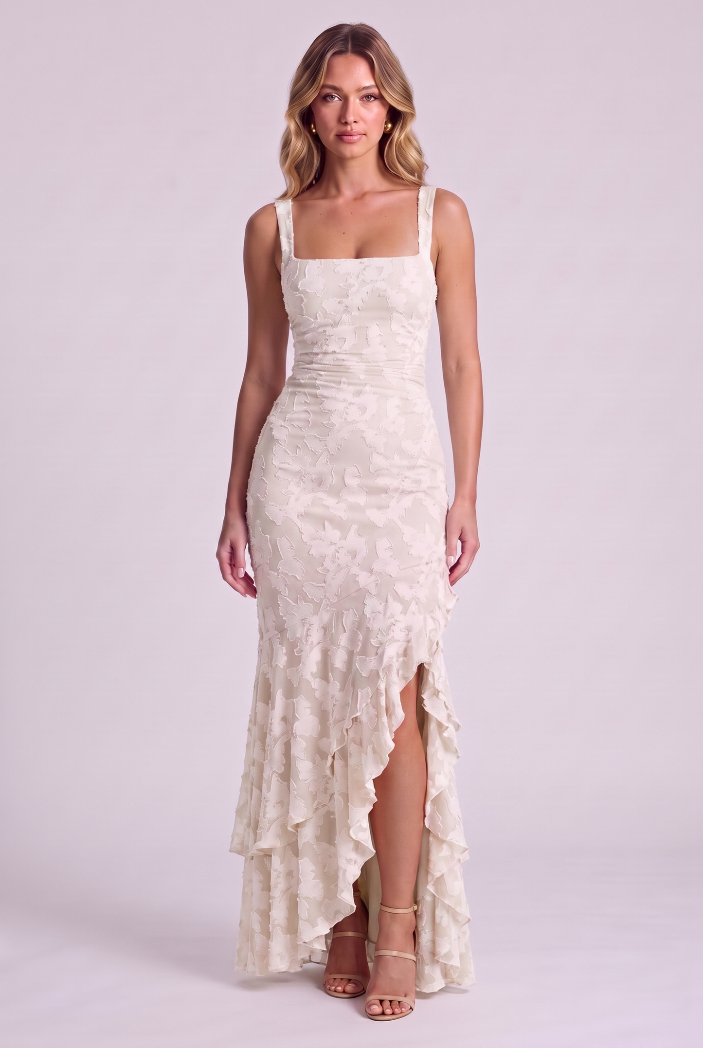 Elowen Floral Ruffle Mermaid Dress - White - Front