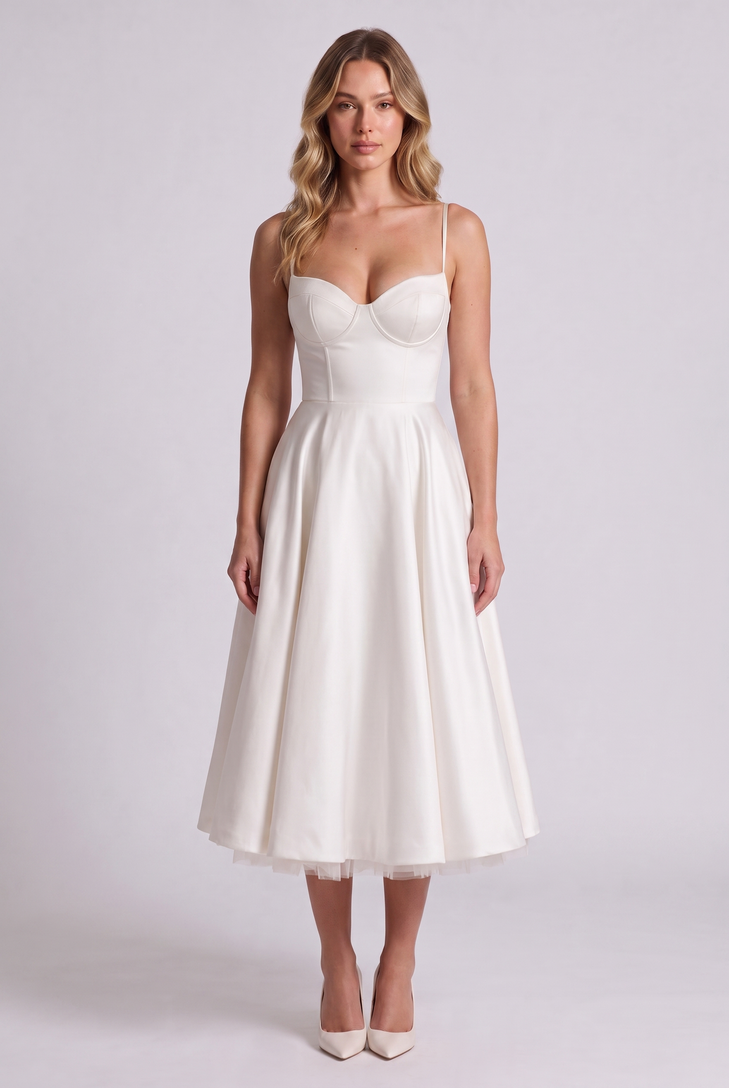 Elodie Sweetheart Tulle Midi Dress - White - front