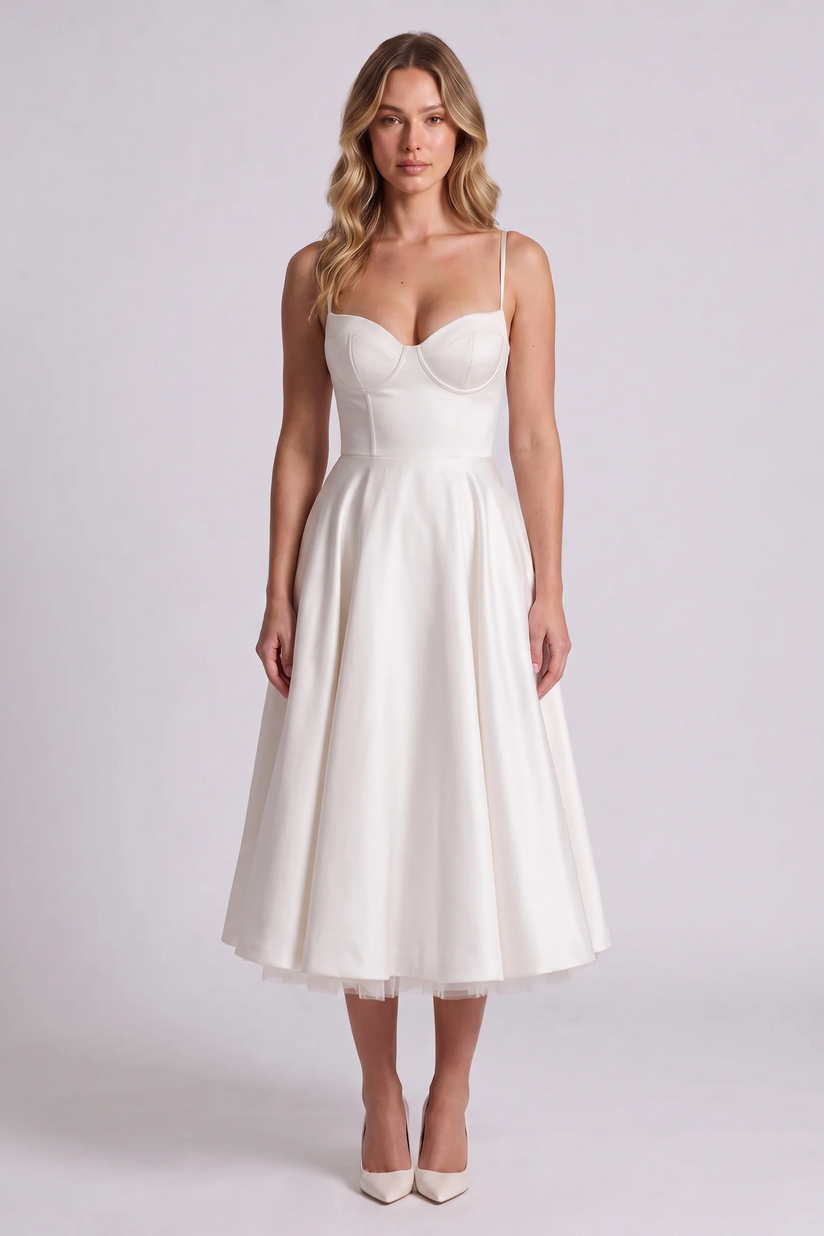 Elodie Sweetheart Tulle Midi Dress in White - front view