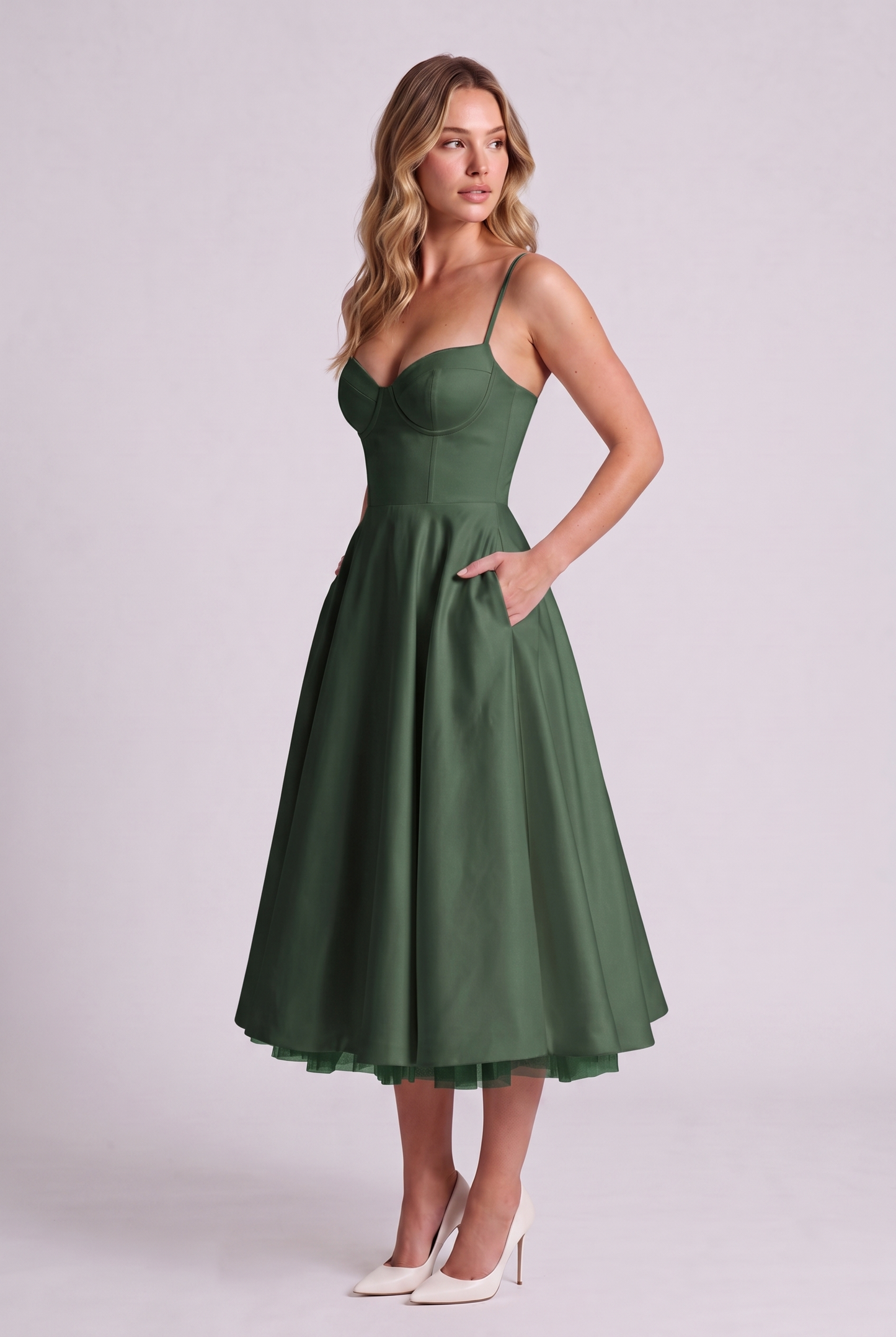 Elodie Sweetheart Tulle Midi Dress - Forest Green - side
