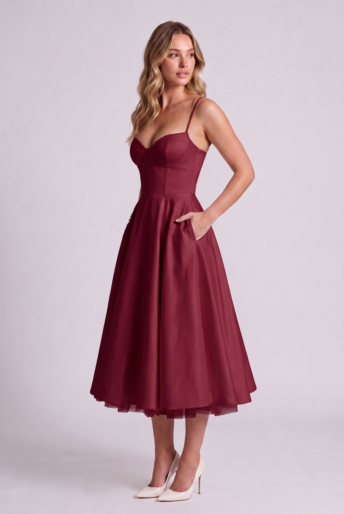 Elodie Sweetheart Tulle Midi Dress - Burgundy - side
