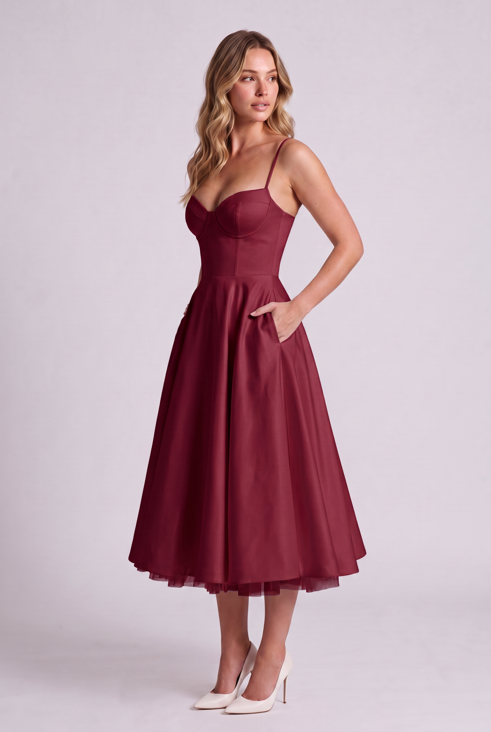Elodie Sweetheart Tulle Midi Dress - Burgundy - side