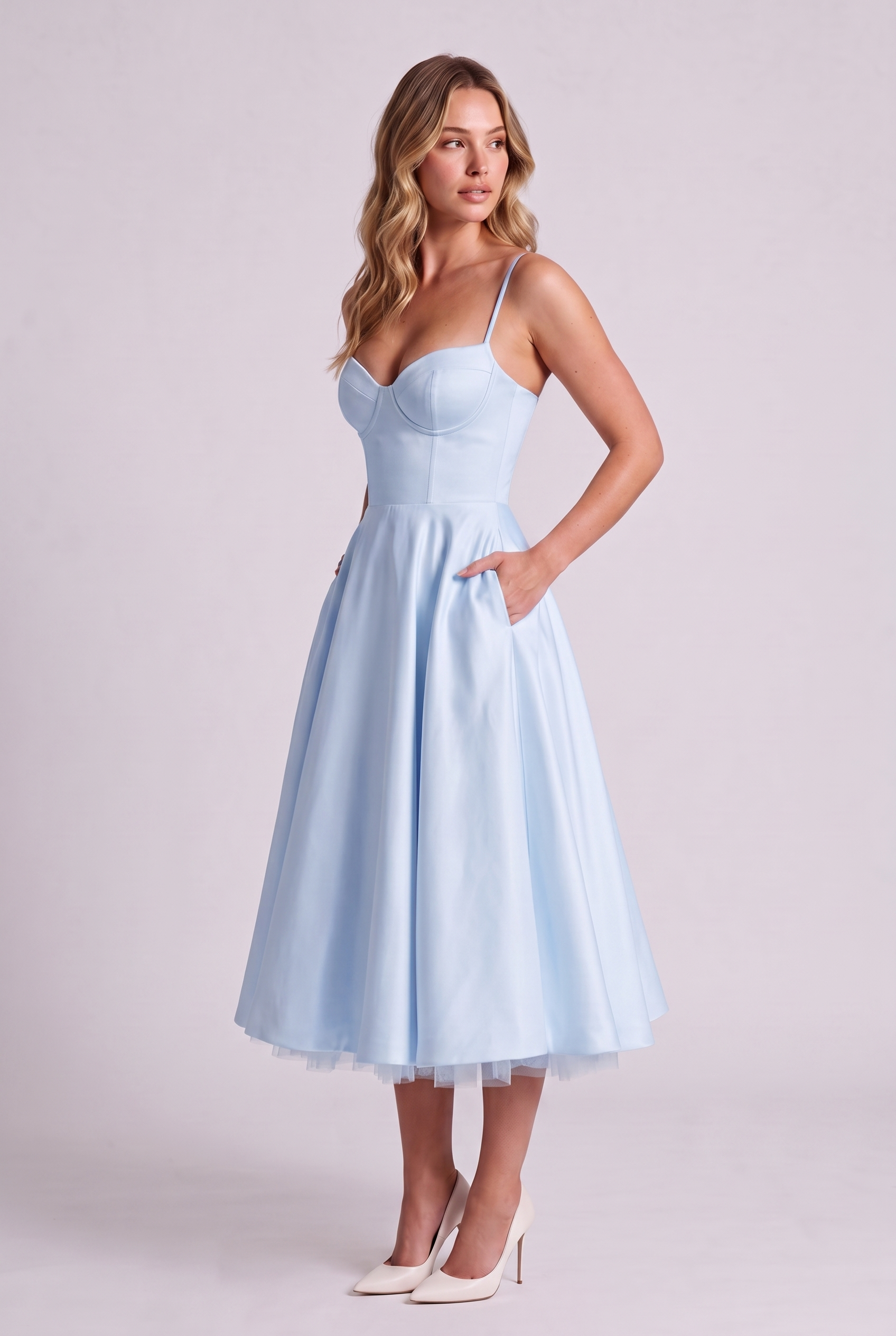 Elodie Sweetheart Tulle Midi Dress - Sky Blue - side