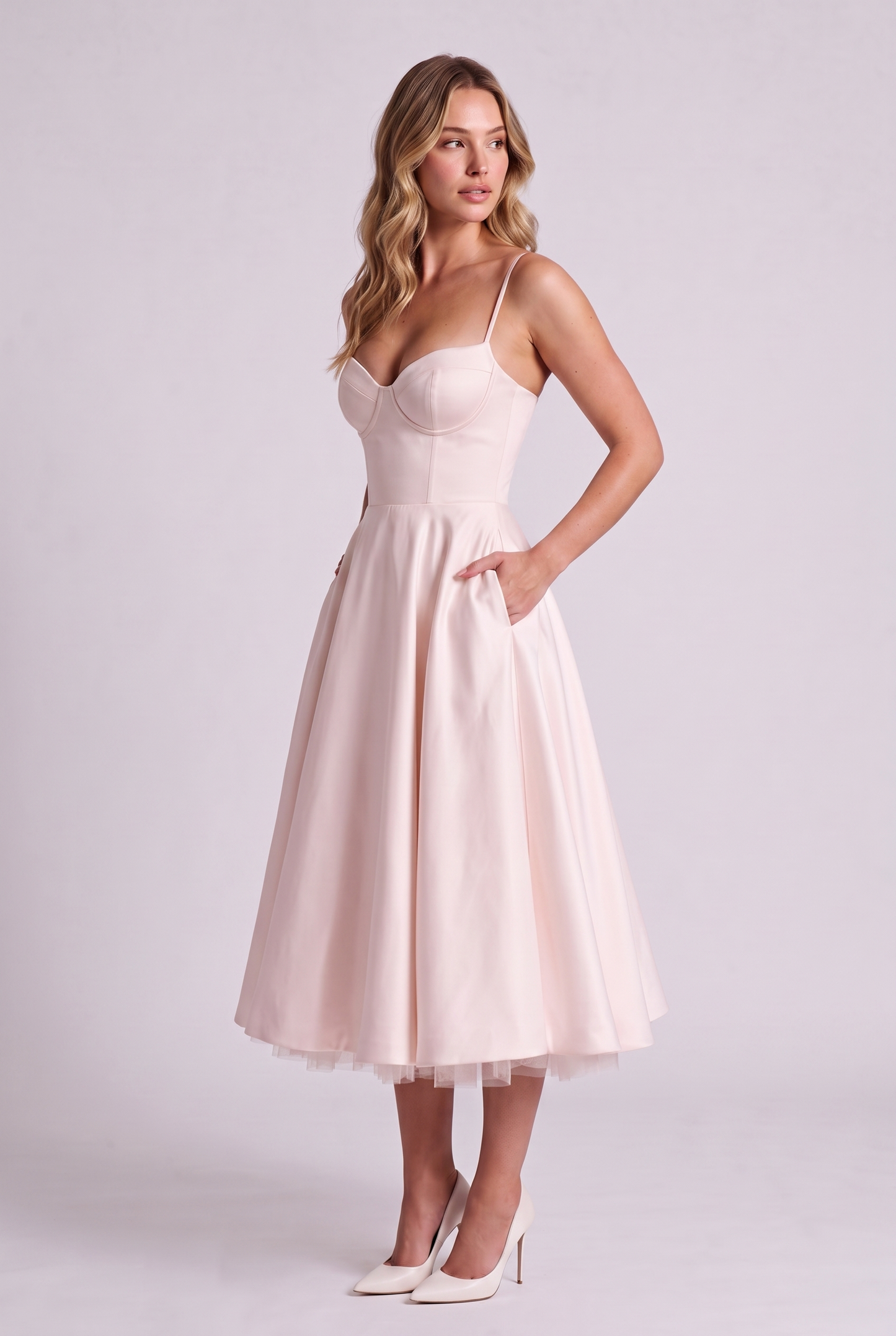 Elodie Sweetheart Tulle Midi Dress - Baby Pink - side