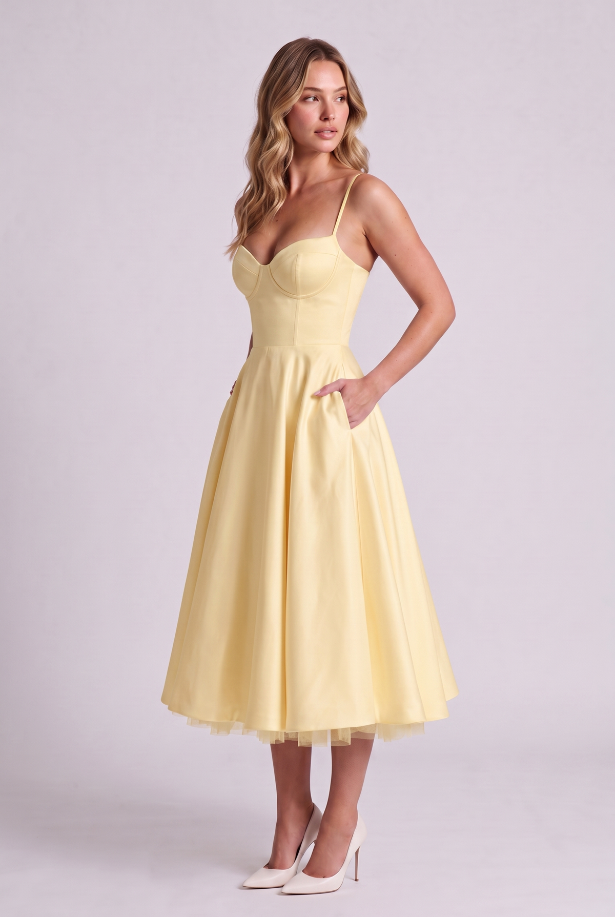 Elodie Sweetheart Tulle Midi Dress - Butter Yellow - side