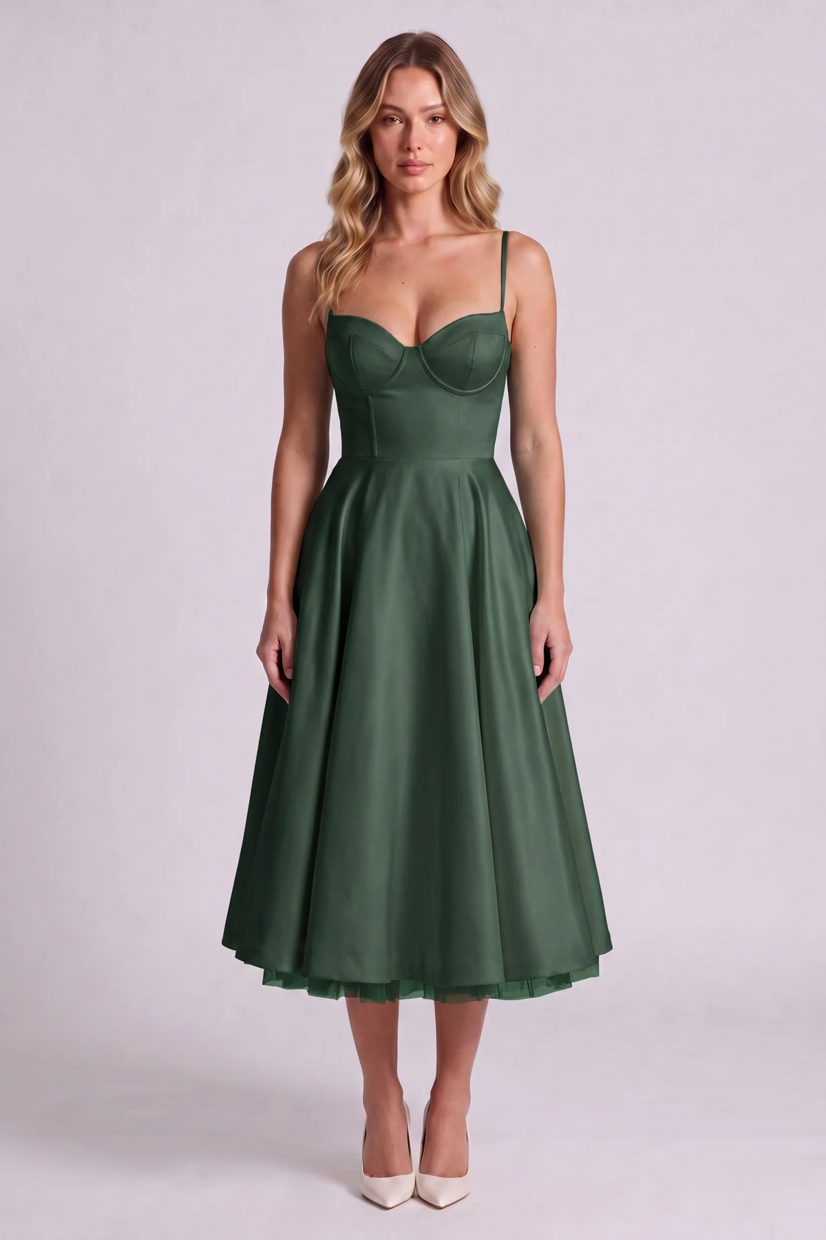 Elodie Sweetheart Tulle Midi Dress in Forest Green - front view