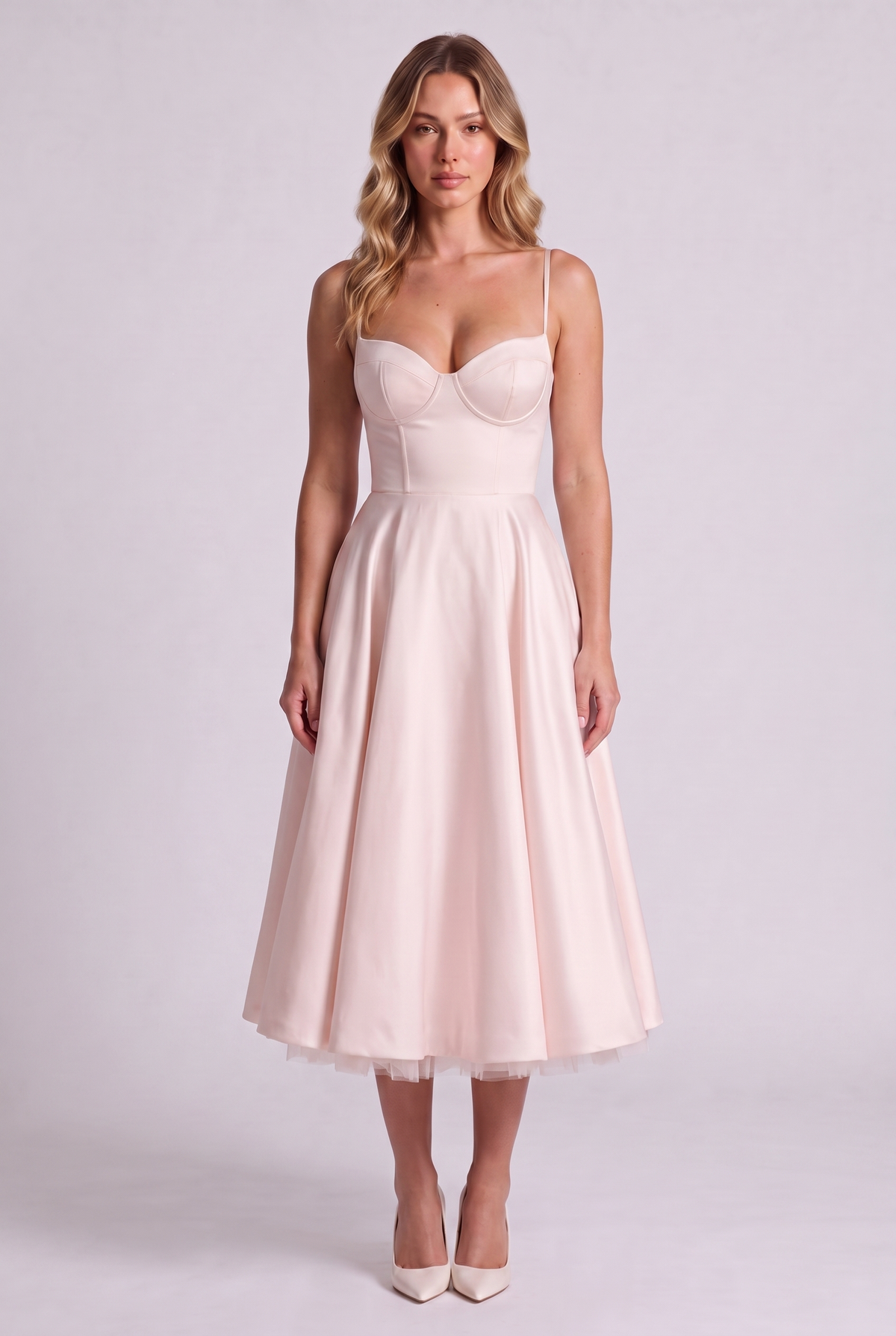 Elodie Sweetheart Tulle Midi Dress - Baby Pink - front