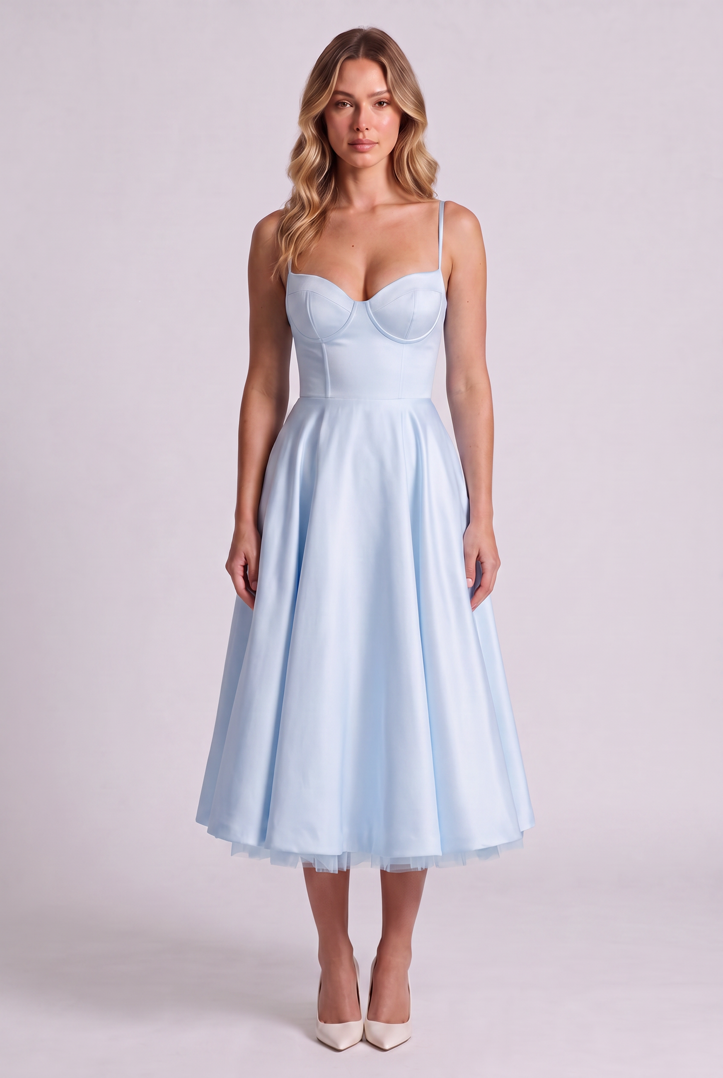 Elodie Sweetheart Tulle Midi Dress - Sky Blue - front
