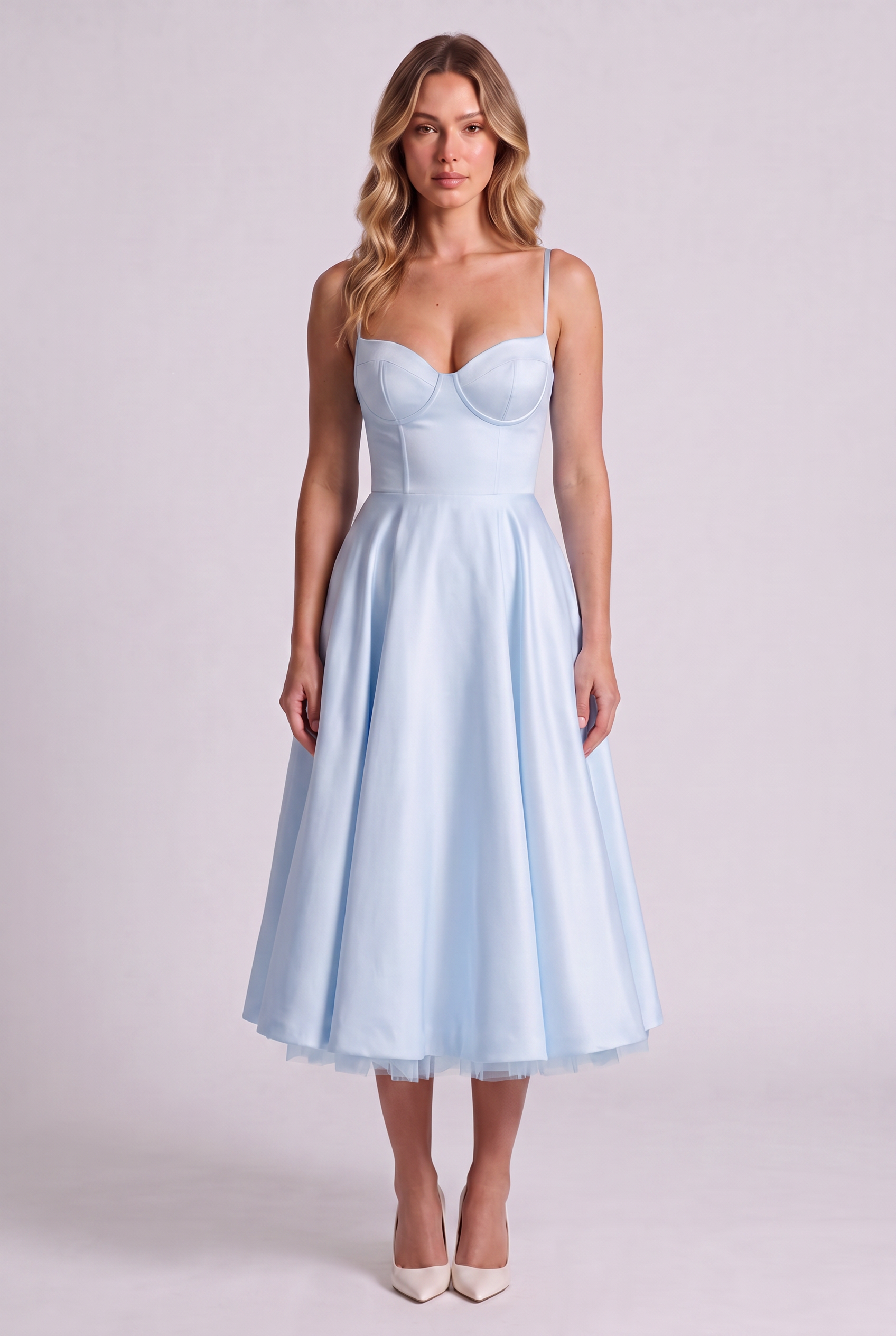 Elodie Sweetheart Tulle Midi Dress - Sky Blue - front