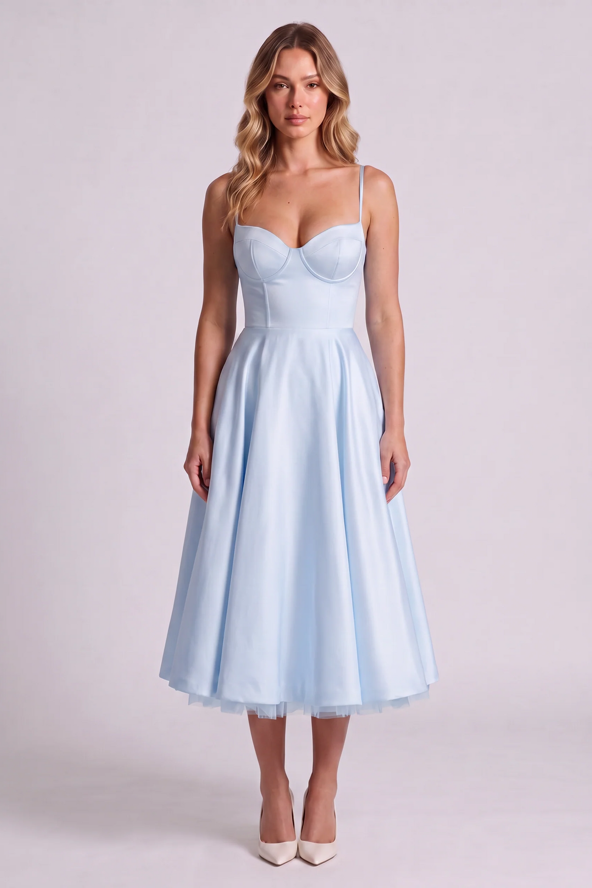 Elodie Sweetheart Tulle Midi Dress in Sky Blue - front view