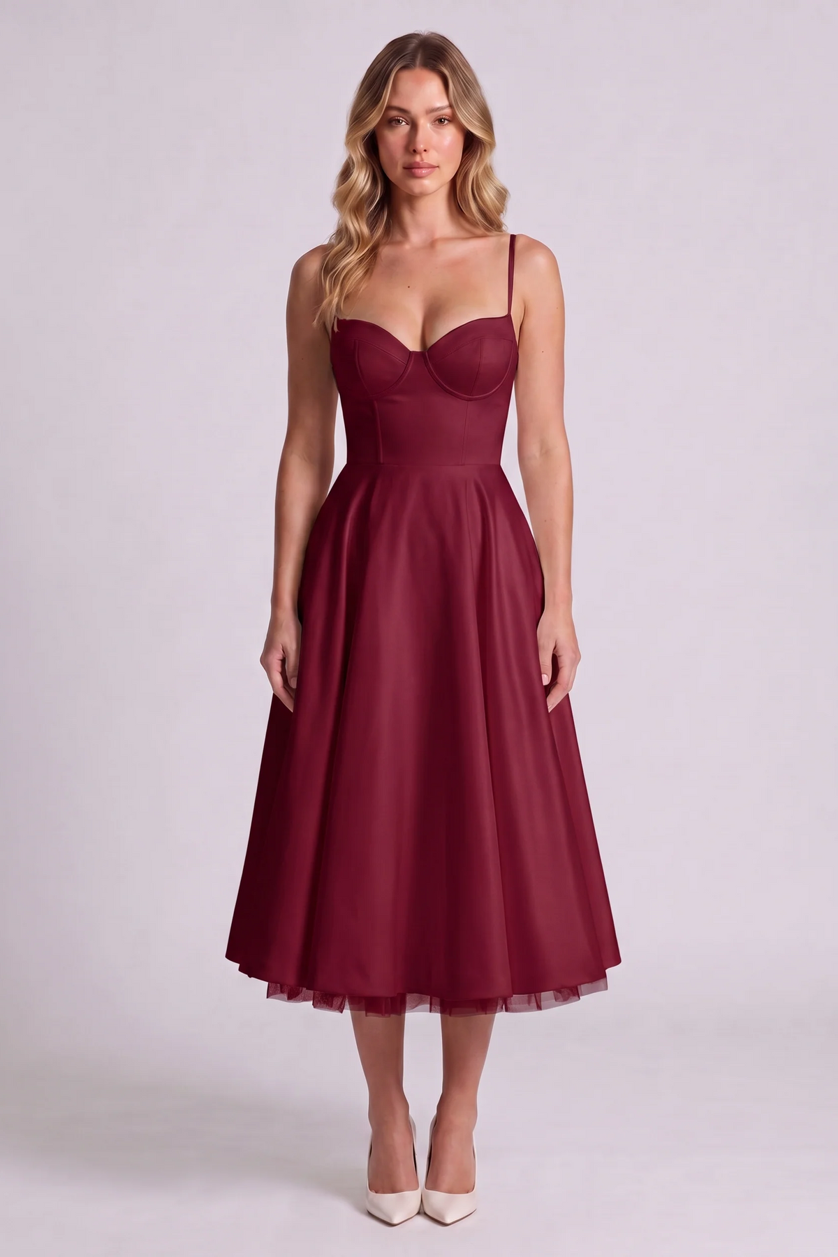 Elodie Sweetheart Tulle Midi Dress in Burgundy - front view