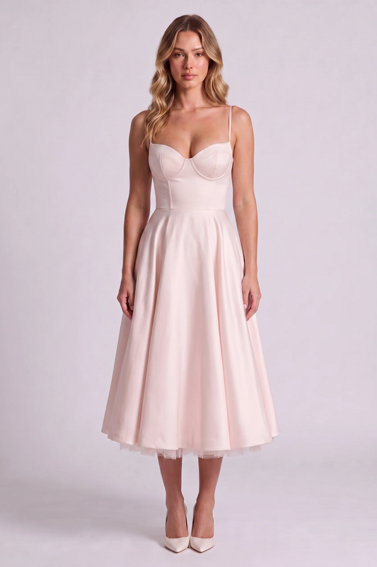 Elodie Sweetheart Tulle Midi Dress in Baby Pink - front view