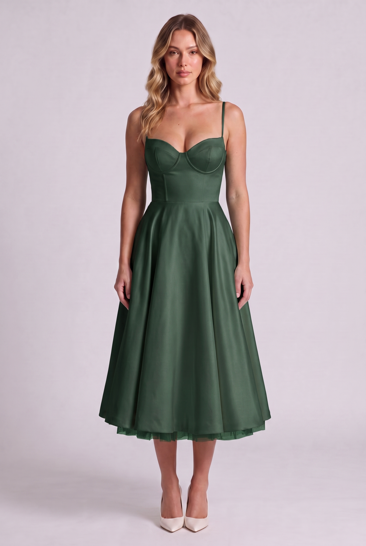 Elodie Sweetheart Tulle Midi Dress - Forest Green - front