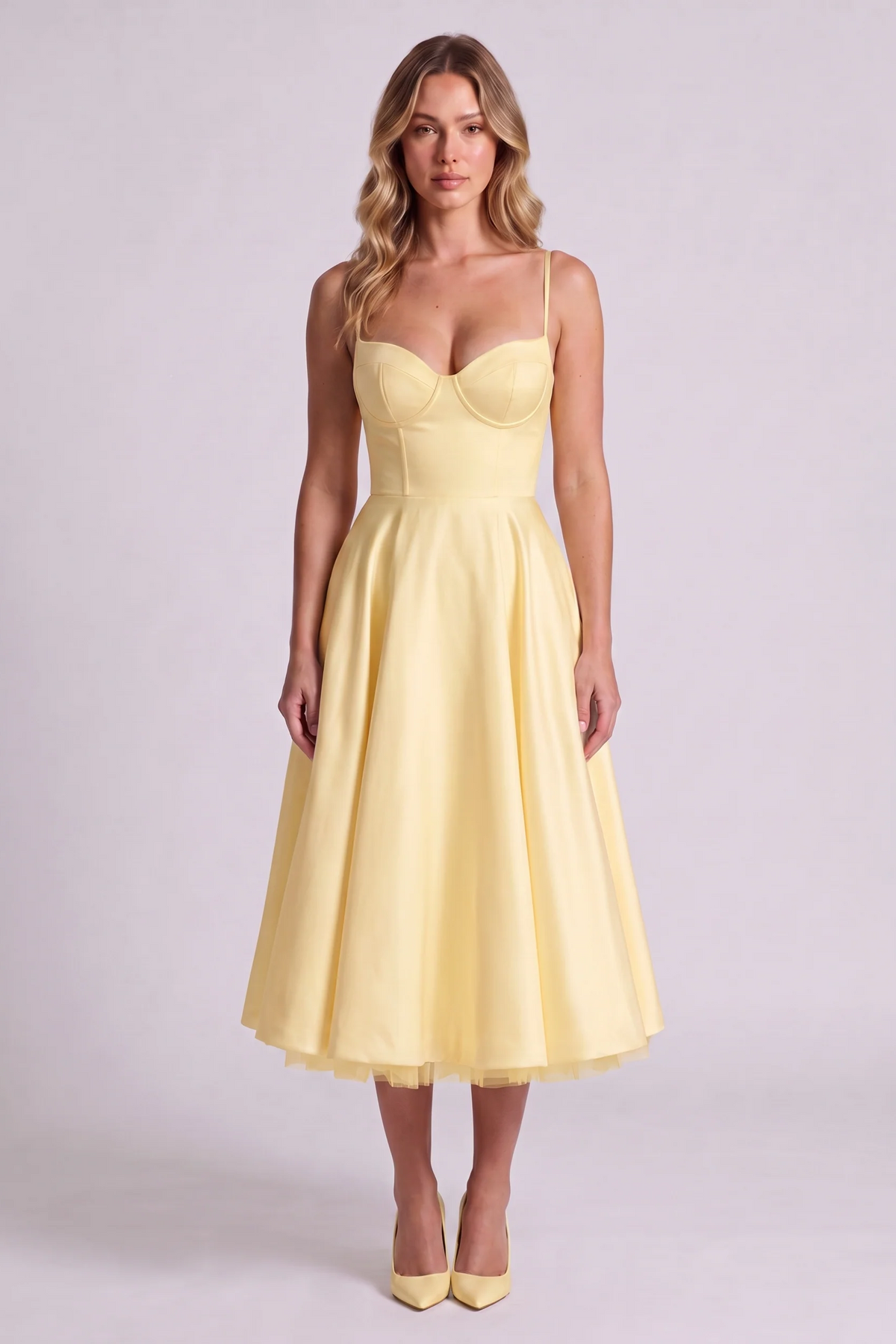 Elodie Sweetheart Tulle Midi Dress in Butter Yellow - front view
