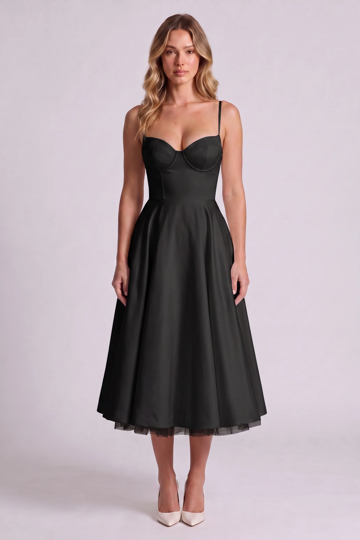 Elodie Sweetheart Tulle Midi Dress in Black - front view