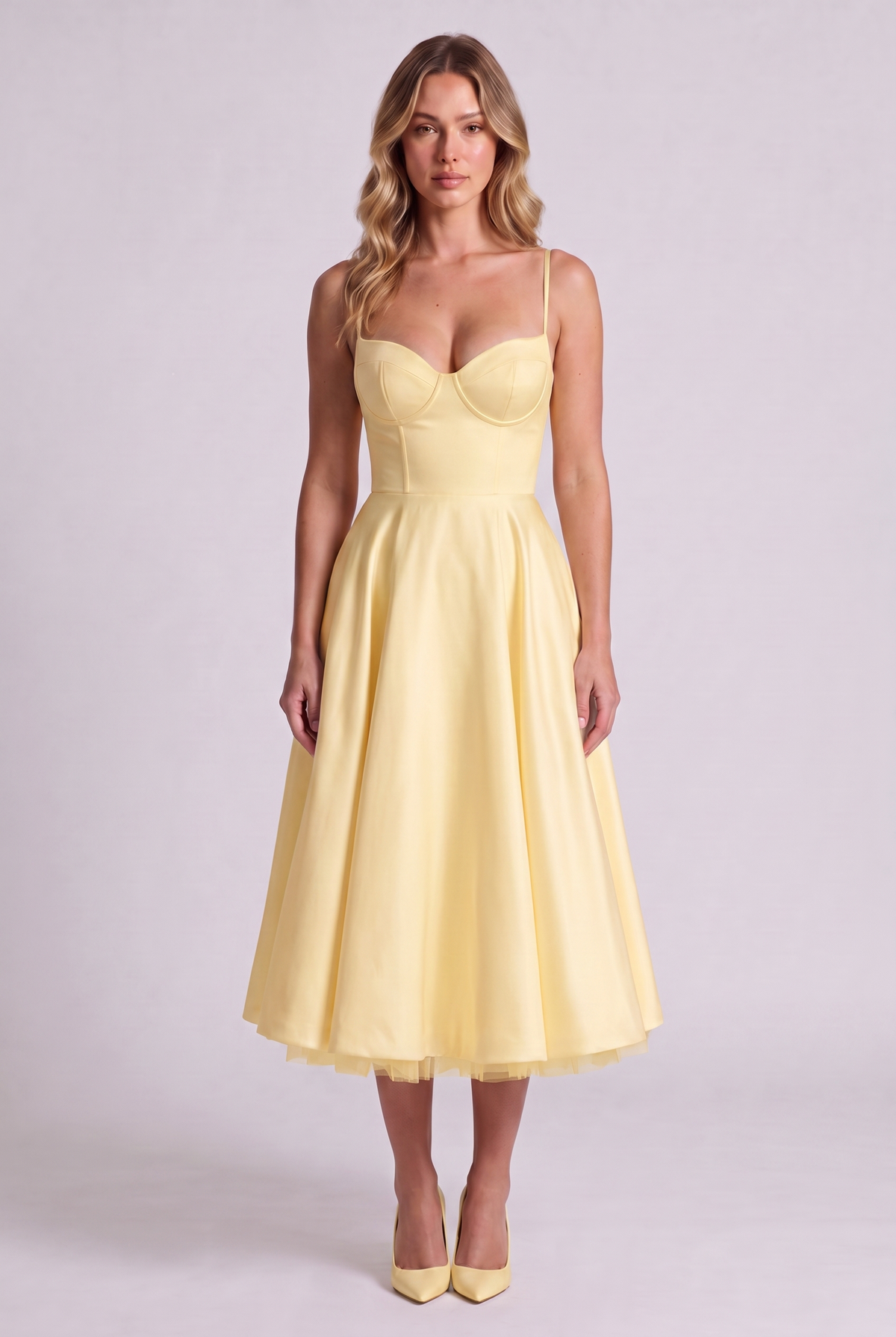 Elodie Sweetheart Tulle Midi Dress - Butter Yellow - front