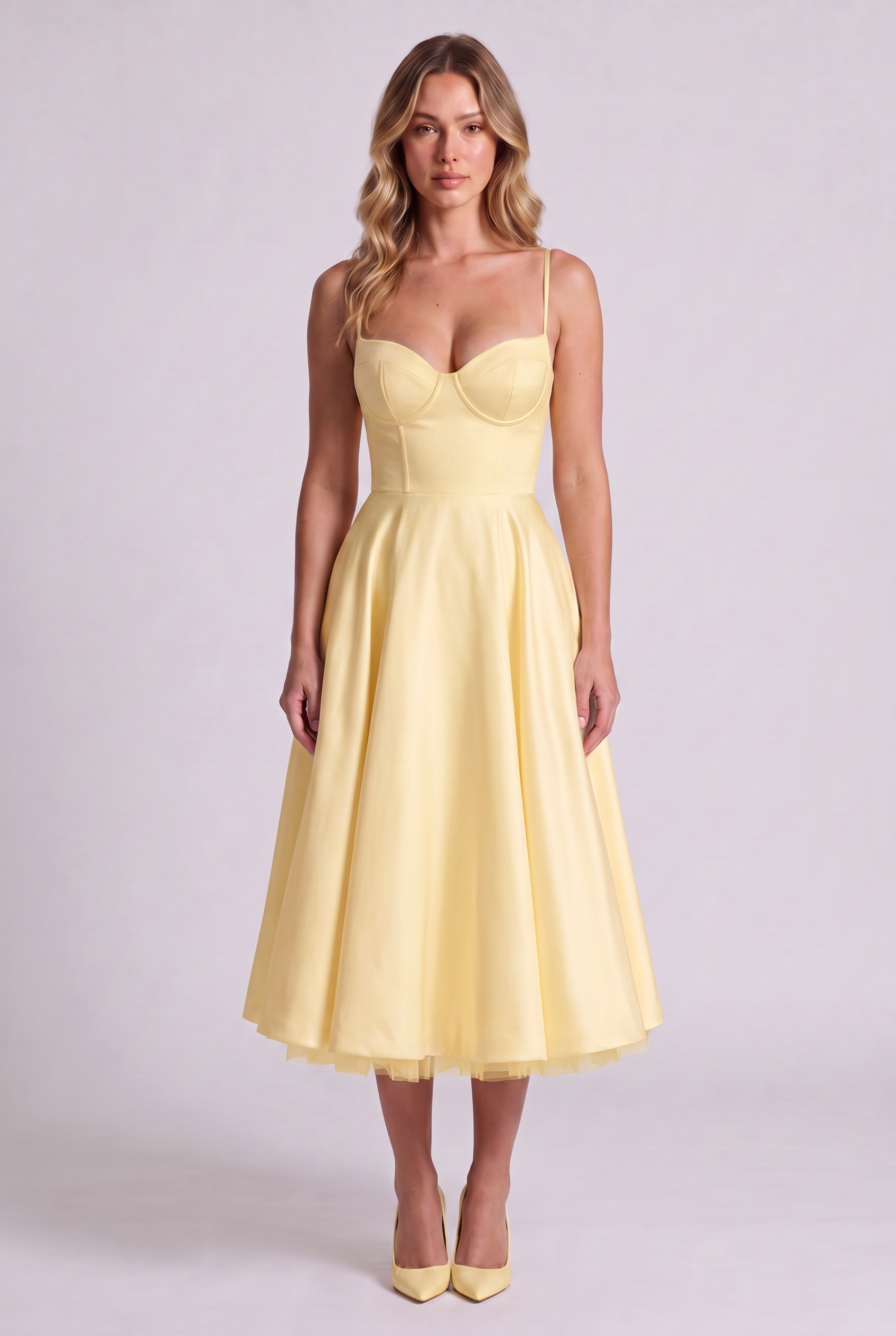 Elodie Sweetheart Tulle Midi Dress - Butter Yellow - front