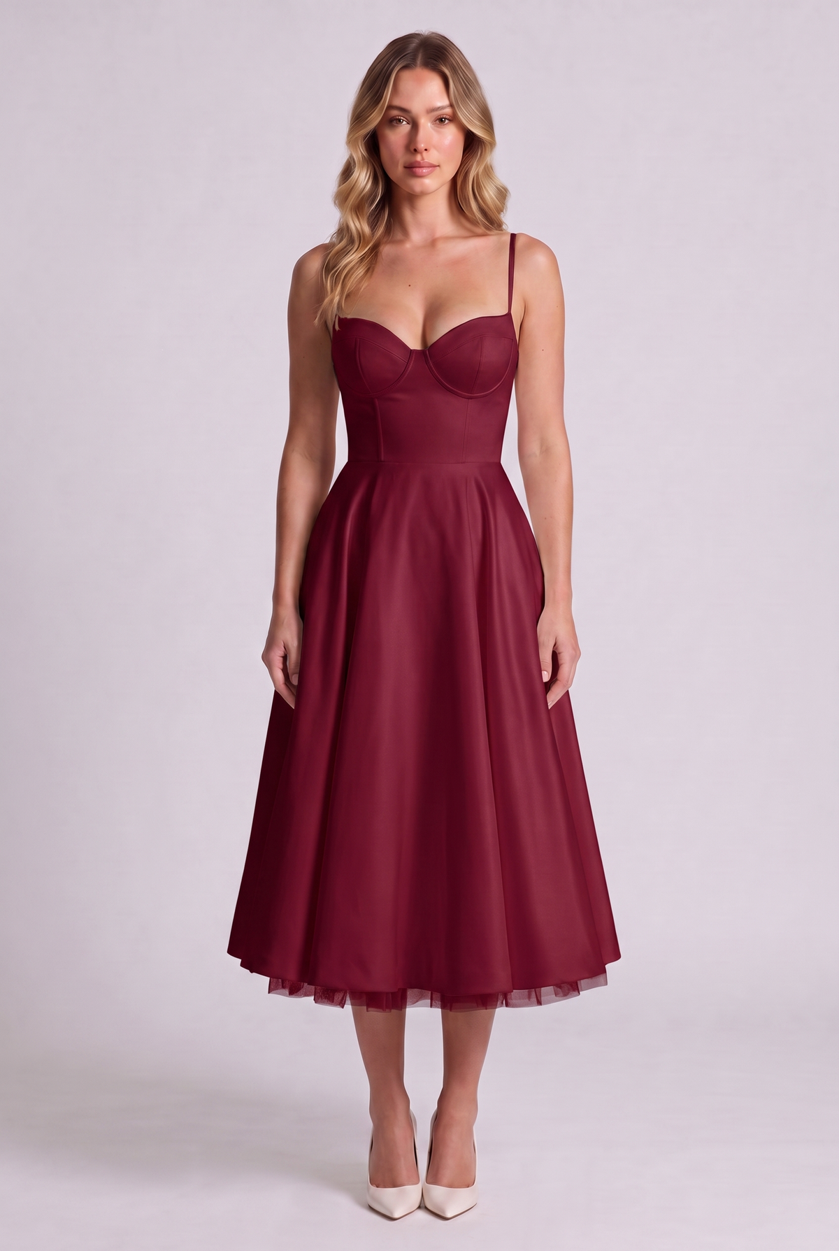 Elodie Sweetheart Tulle Midi Dress - Burgundy - front