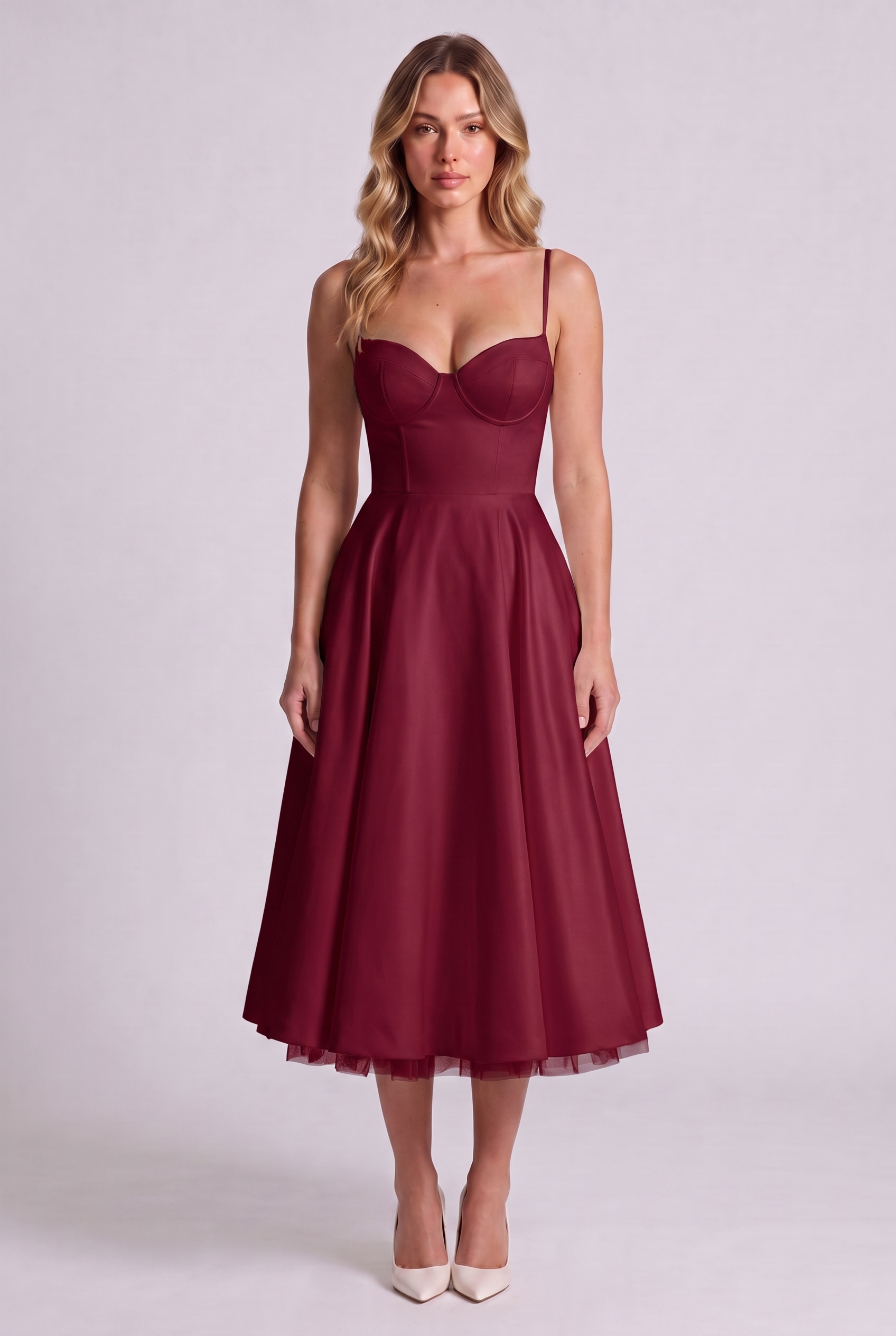 Elodie Sweetheart Tulle Midi Dress - Burgundy - front