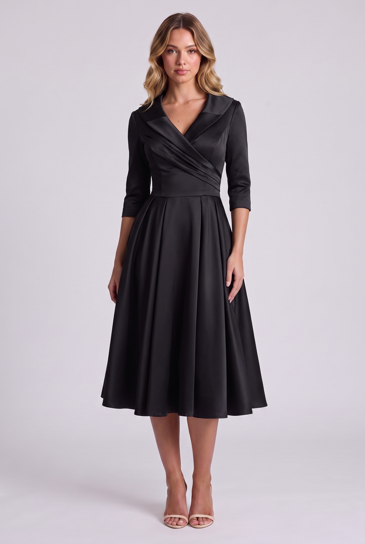 Odette Wrap-Collar Satin Midi Dress in Black, front view