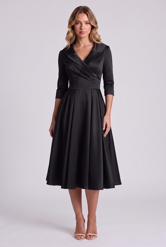Odette Wrap-Collar Satin Midi Dress in Black, front view