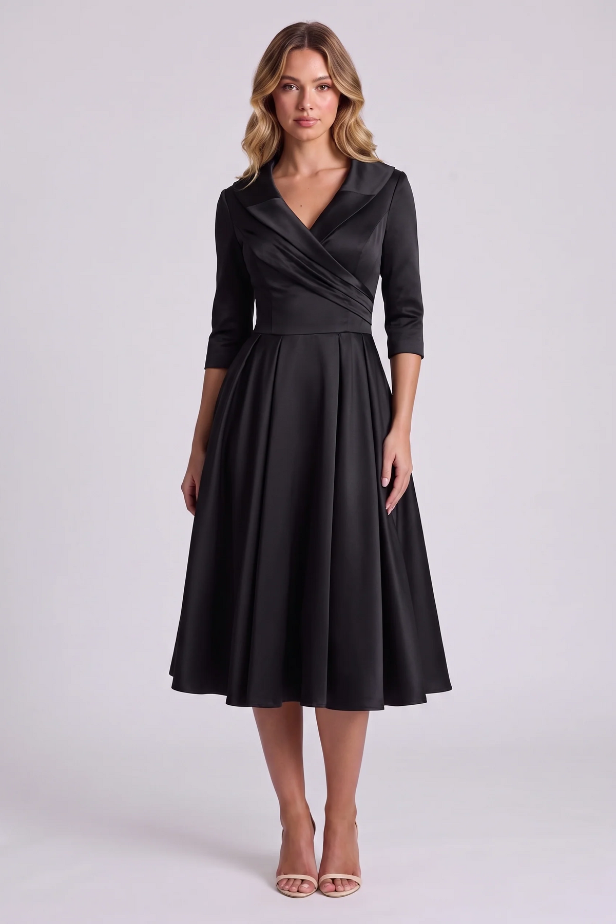 Odette Wrap-Collar Satin Midi Dress in Black - front view