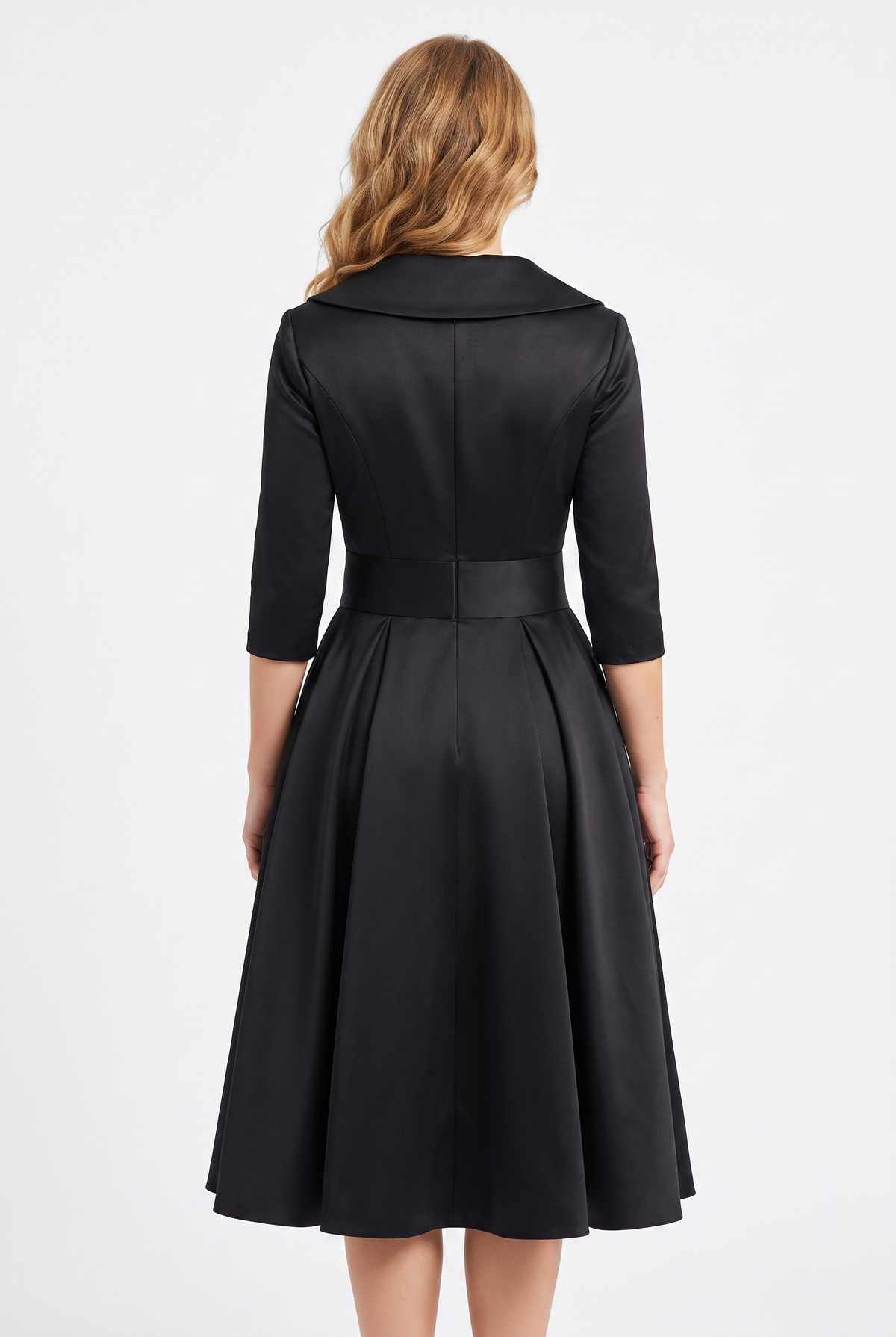 Odette Wrap-Collar Satin Midi Dress in Black, back view
