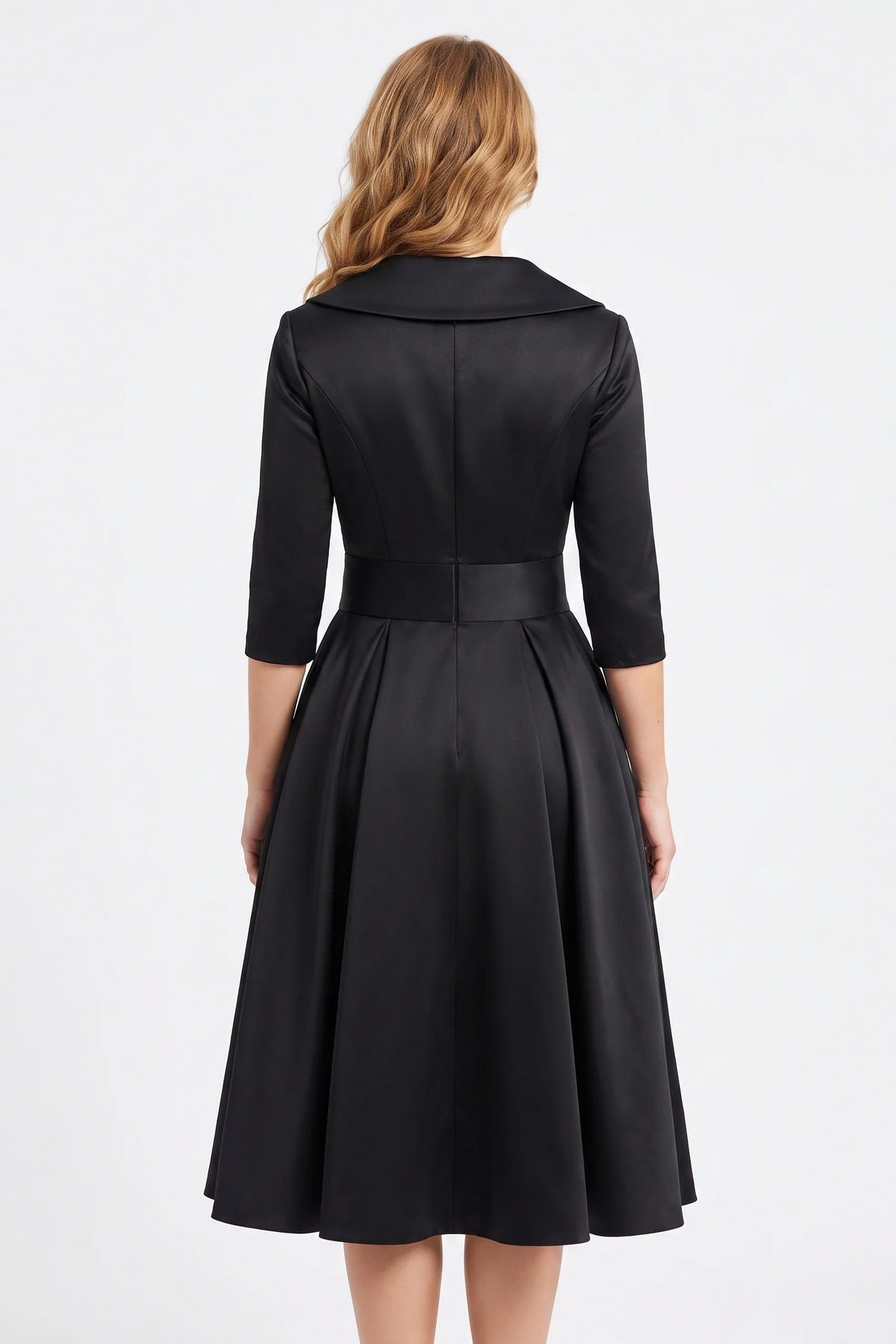 Odette Wrap-Collar Satin Midi Dress in Black - back view