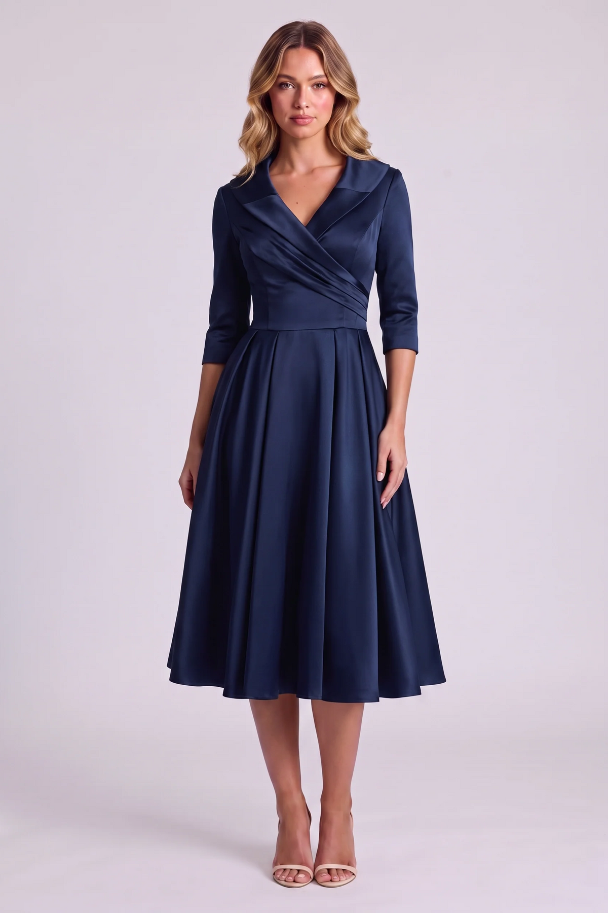 Odette Wrap-Collar Satin Midi Dress in Navy Blue - front view