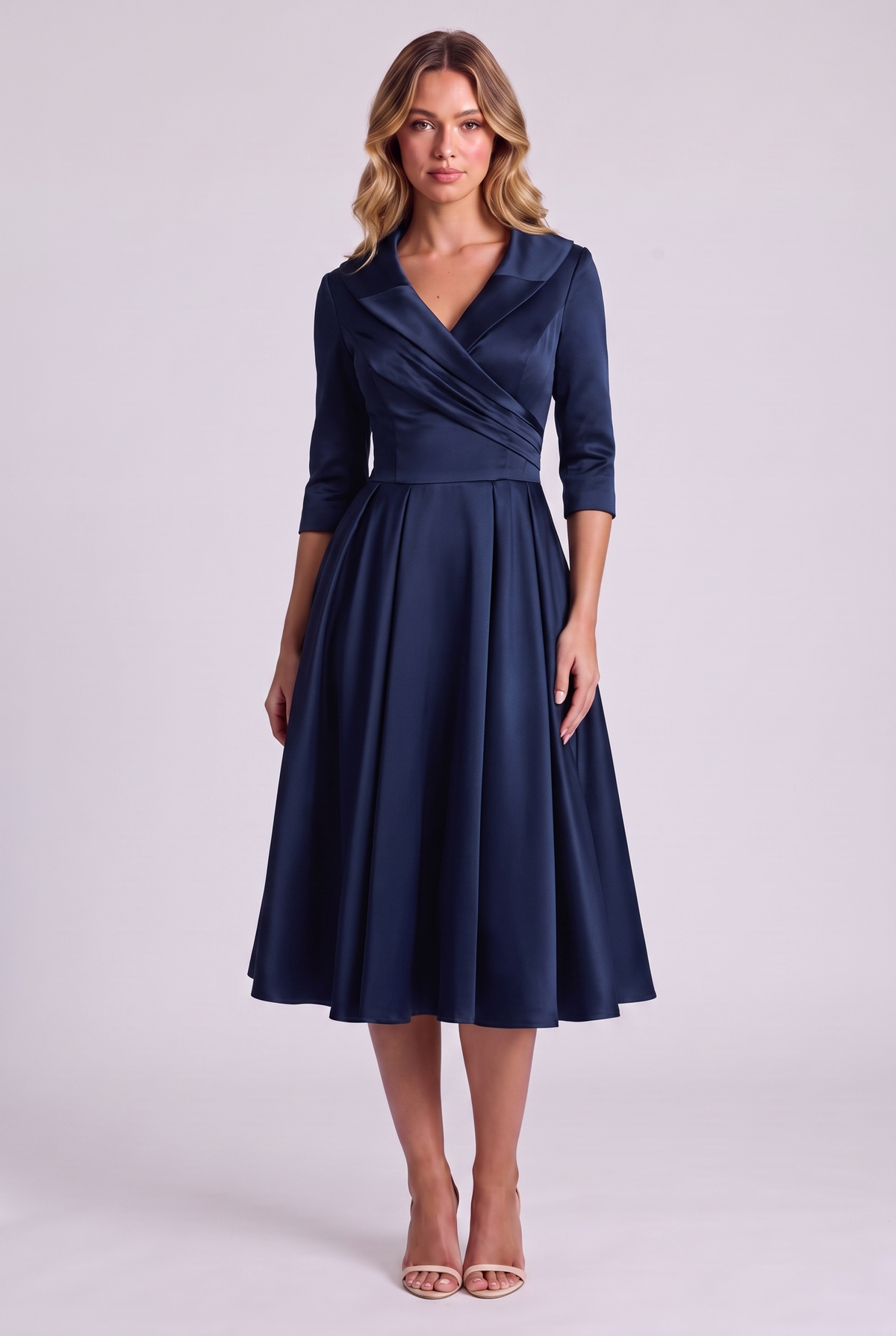 Odette Wrap-Collar Satin Midi Dress in Navy Blue, front view