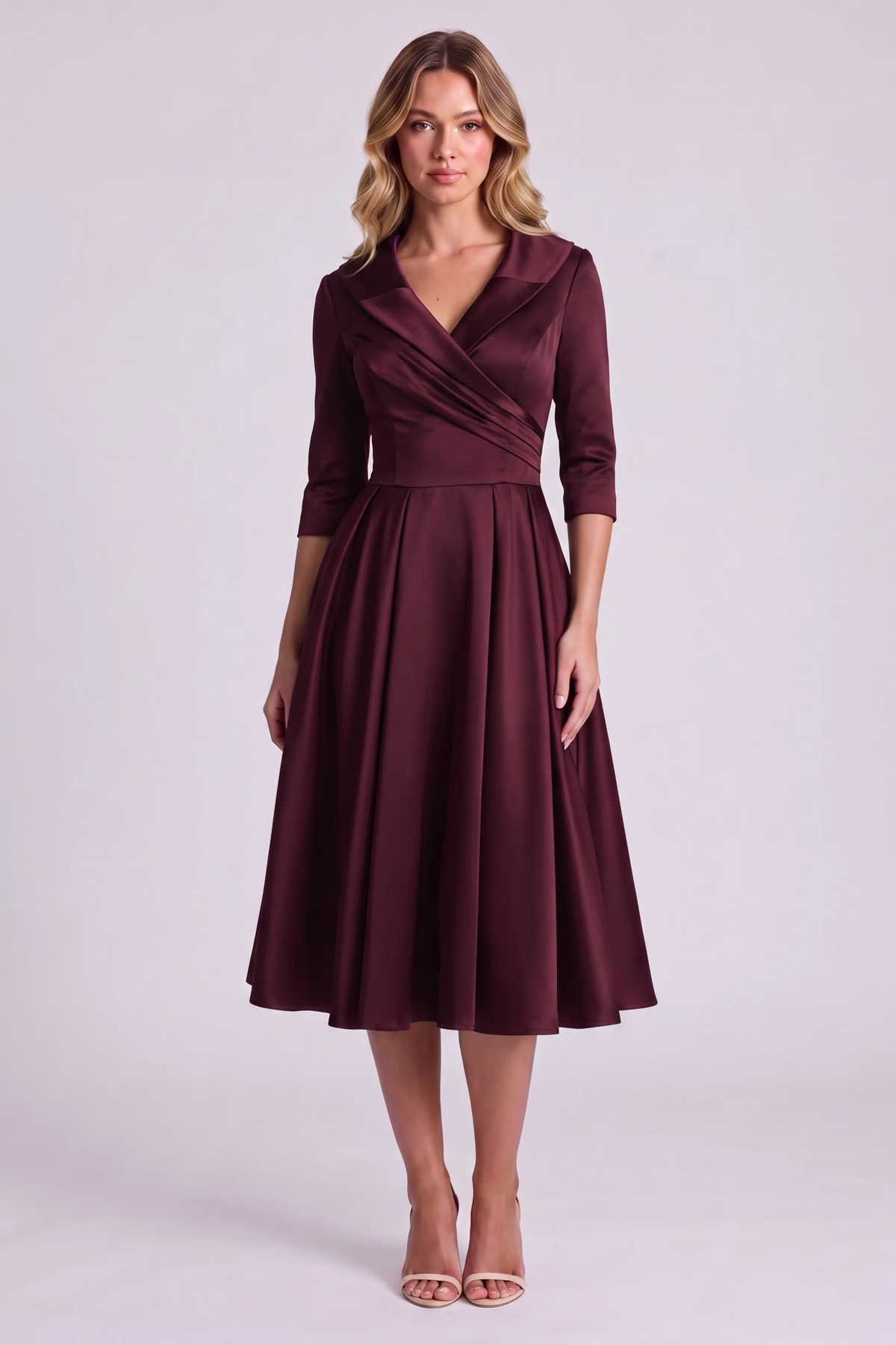 Odette Wrap-Collar Satin Midi Dress in Wine - front view