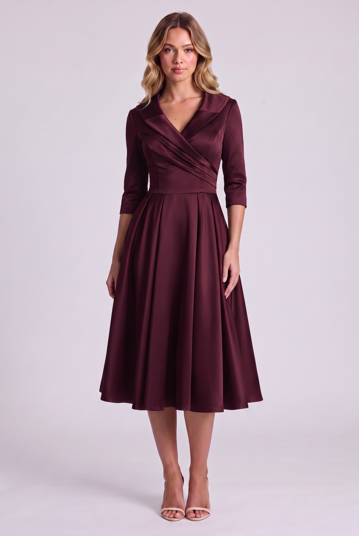 Odette Wrap-Collar Satin Midi Dress in Wine, front view