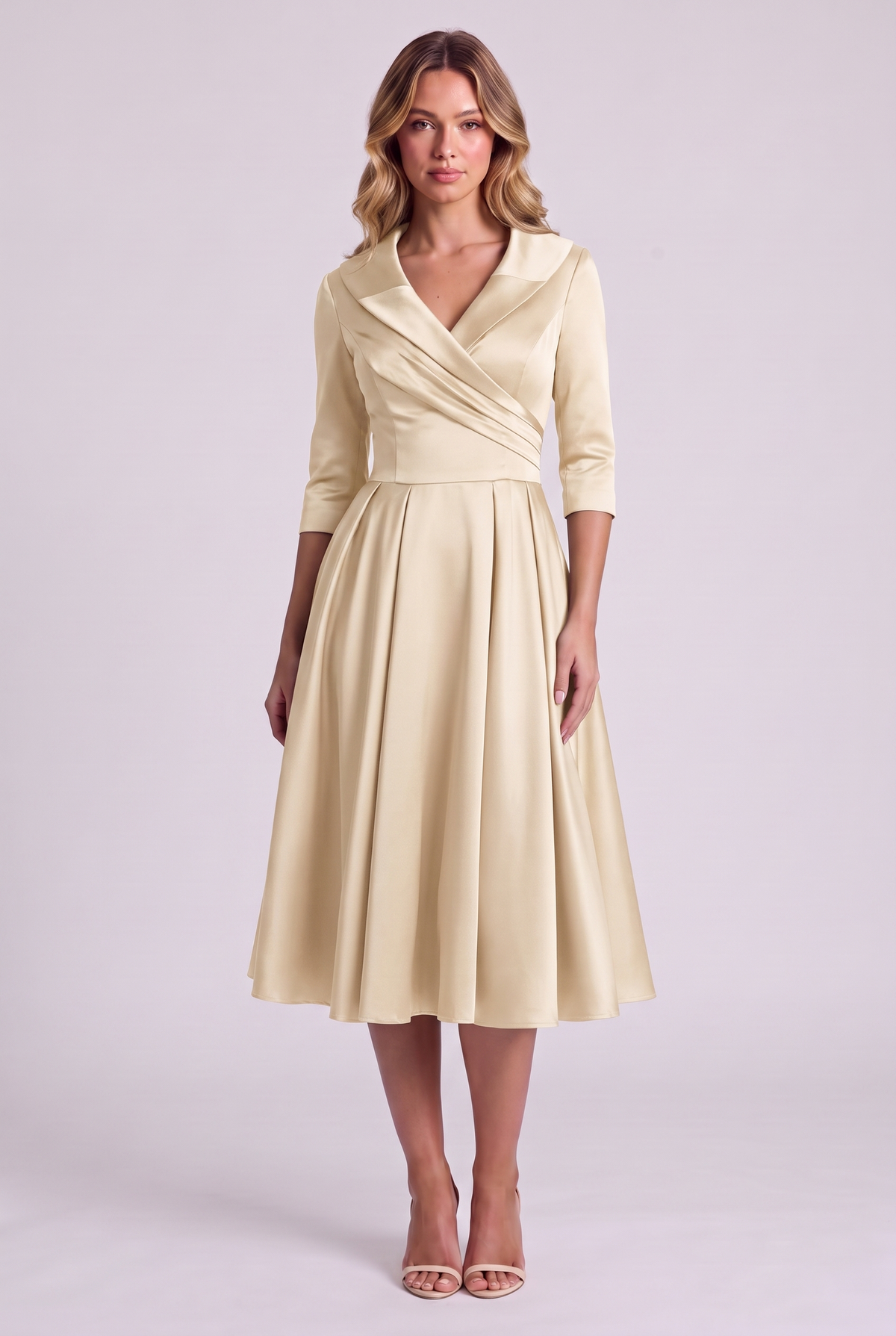 Odette Wrap-Collar Satin Midi Dress in Beige, front view