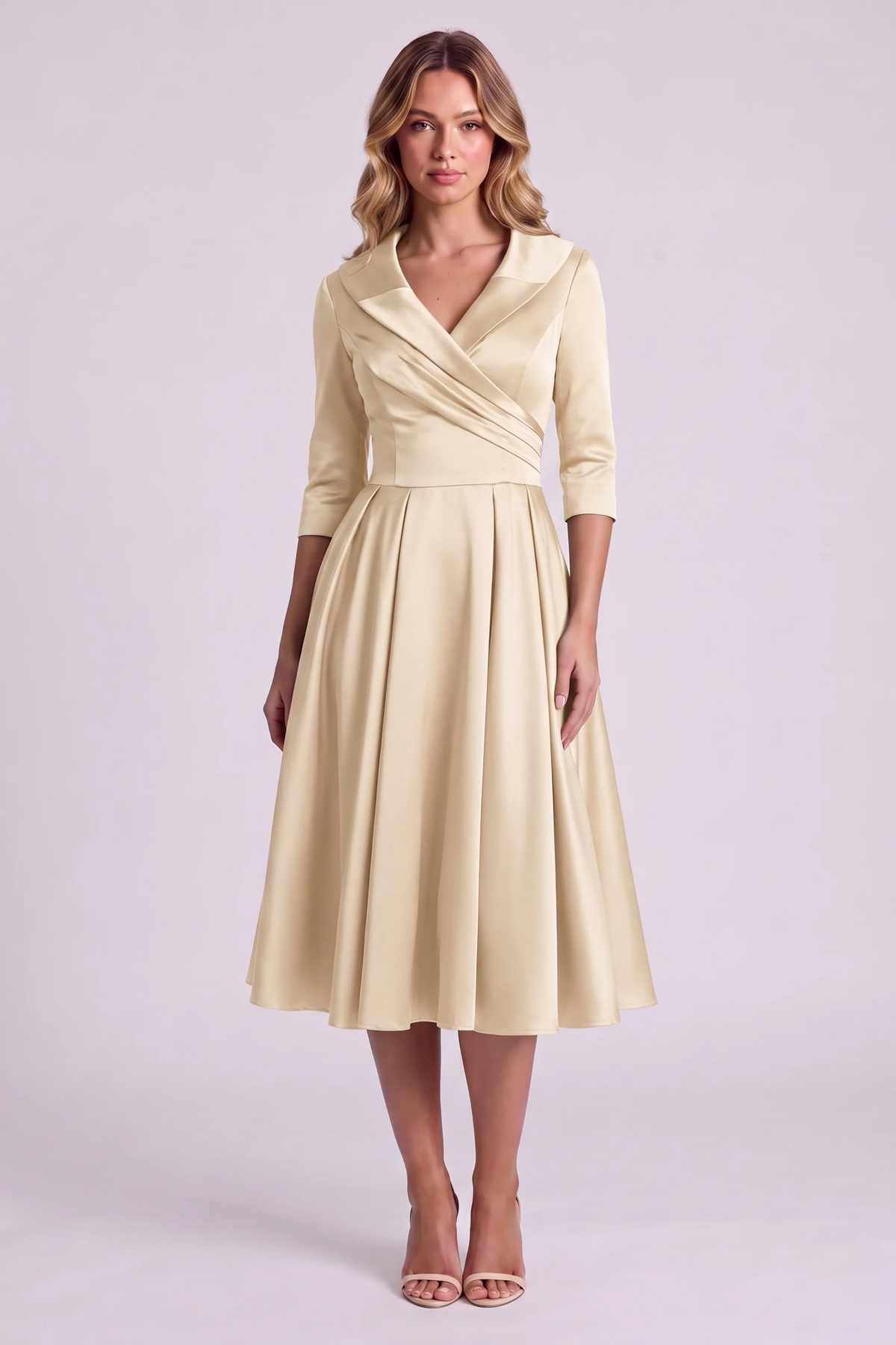 Odette Wrap-Collar Satin Midi Dress in Beige - front view