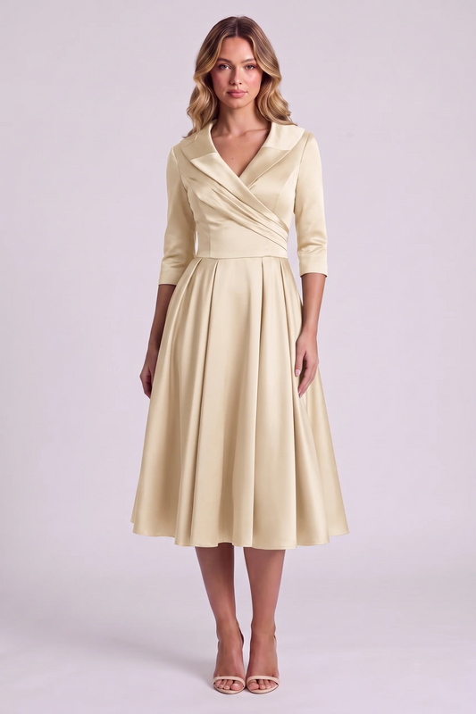Odette Wrap-Collar Satin Midi Dress in Beige - front view