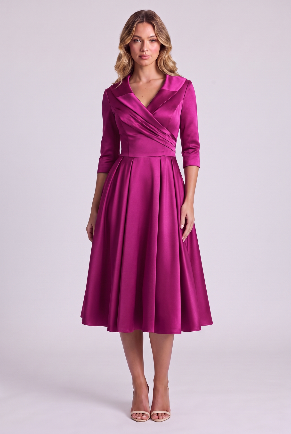Odette Wrap-Collar Satin Midi Dress in Fuchsia, front view