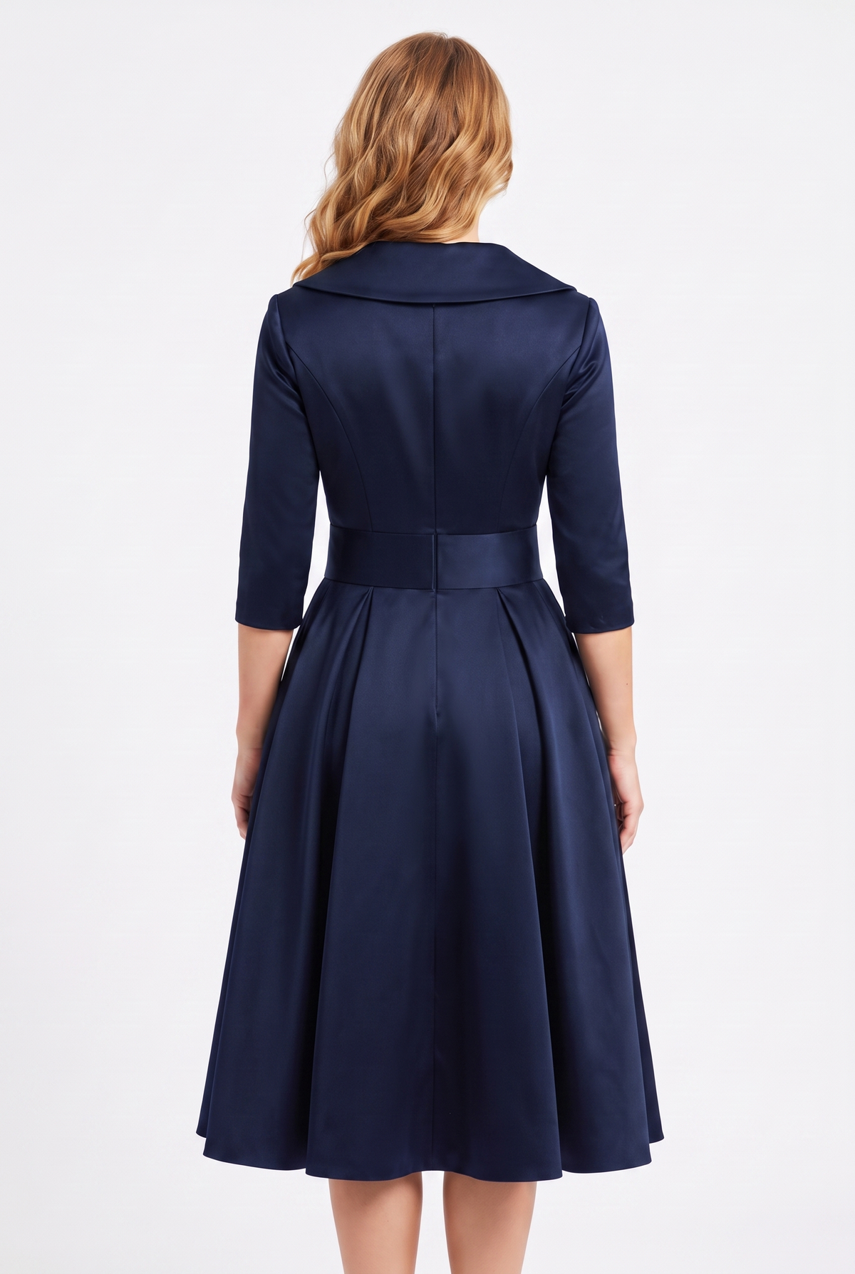 Odette Wrap-Collar Satin Midi Dress in Navy Blue, back view