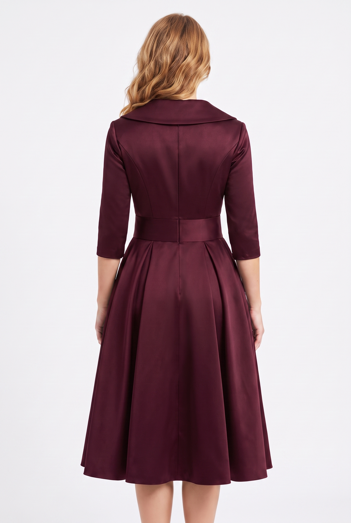 Odette Wrap-Collar Satin Midi Dress in Wine, back view