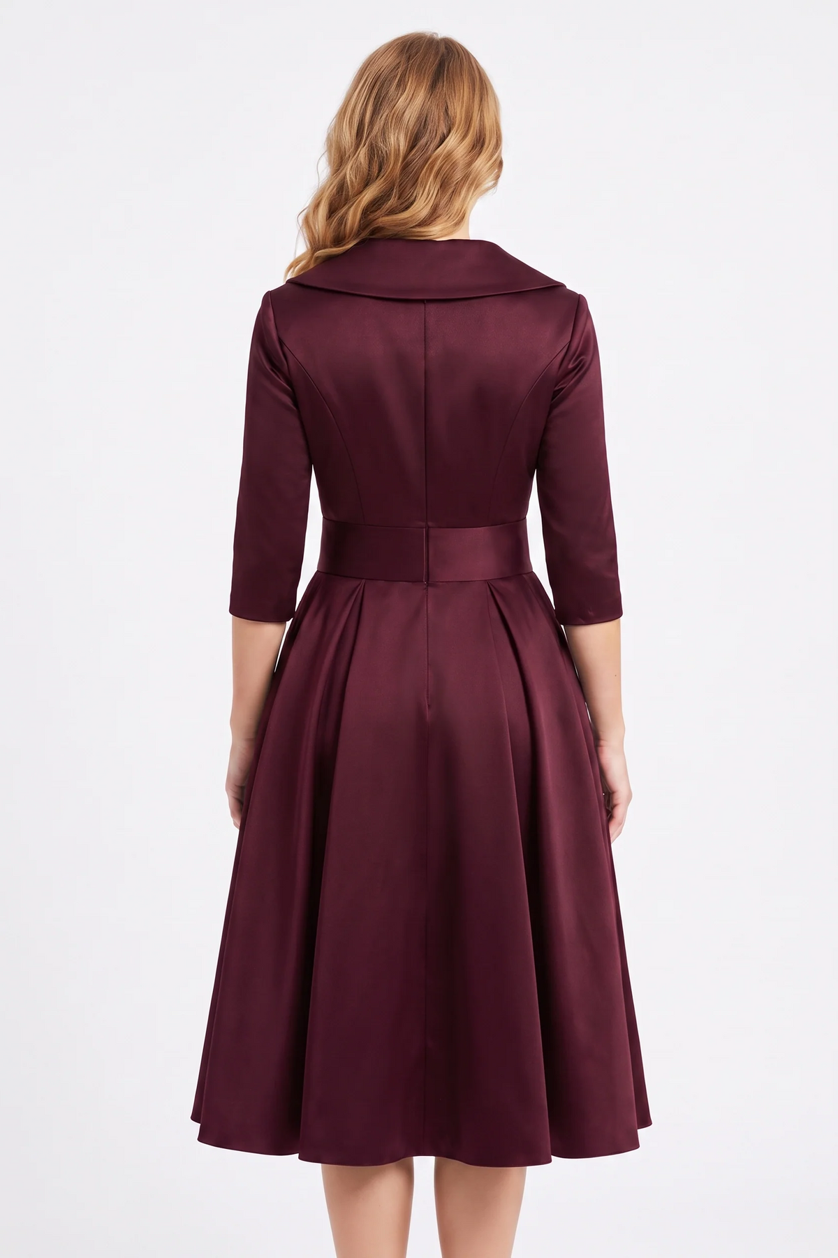 Odette Wrap-Collar Satin Midi Dress in Wine - back view