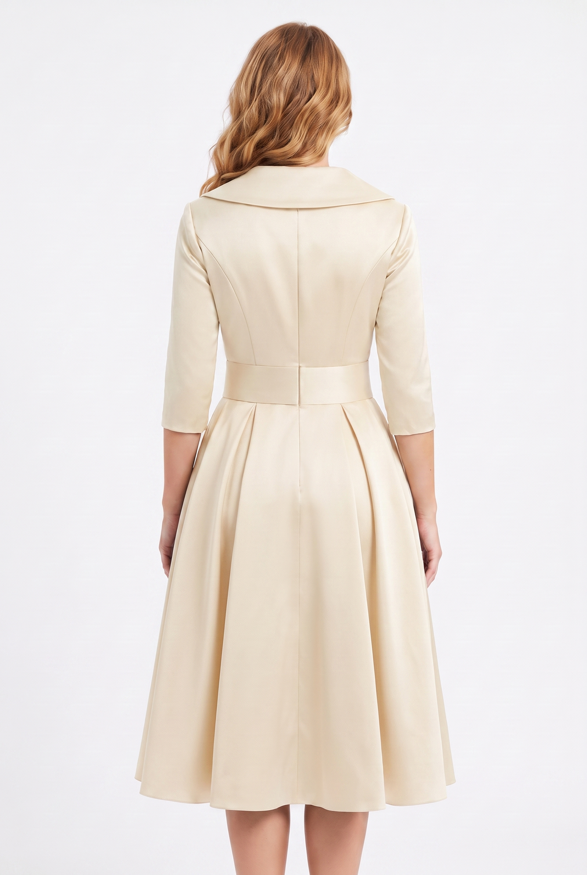 Odette Wrap-Collar Satin Midi Dress in Beige, back view