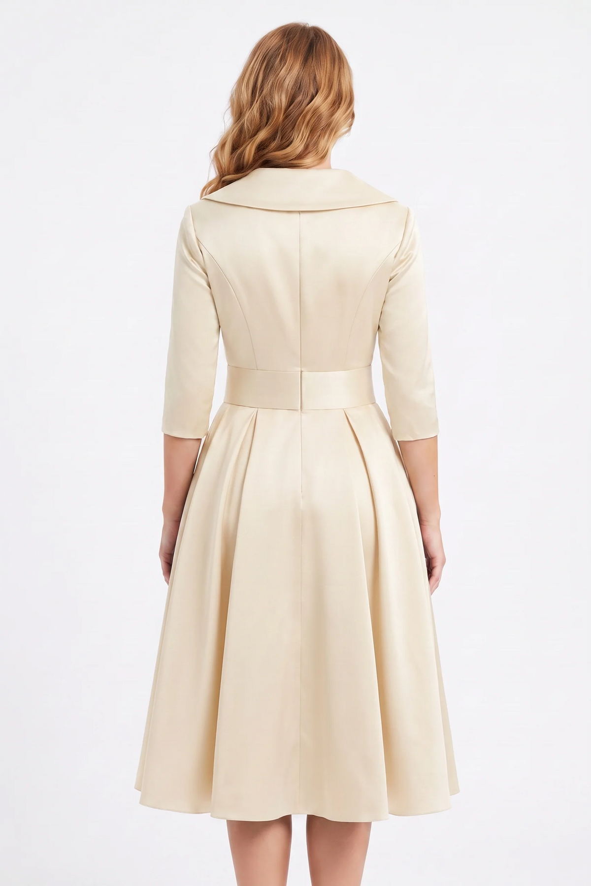 Odette Wrap-Collar Satin Midi Dress in Beige - back view