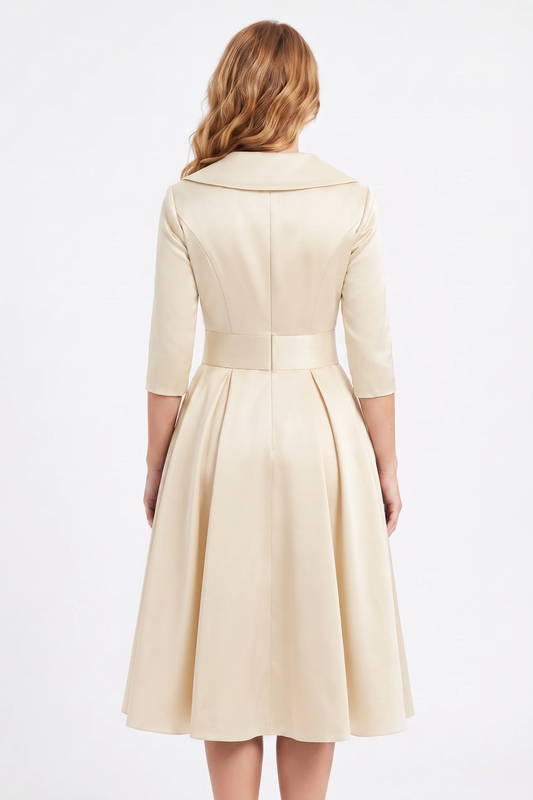 Odette Wrap-Collar Satin Midi Dress in Beige - back view