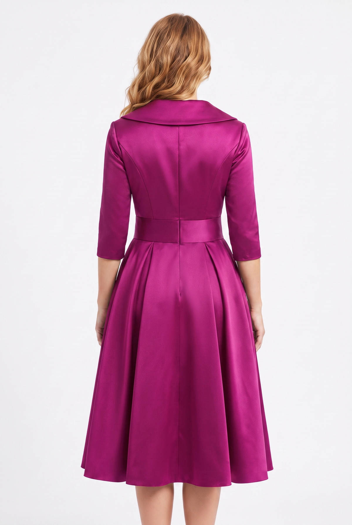 Odette Wrap-Collar Satin Midi Dress in Fuchsia, back view